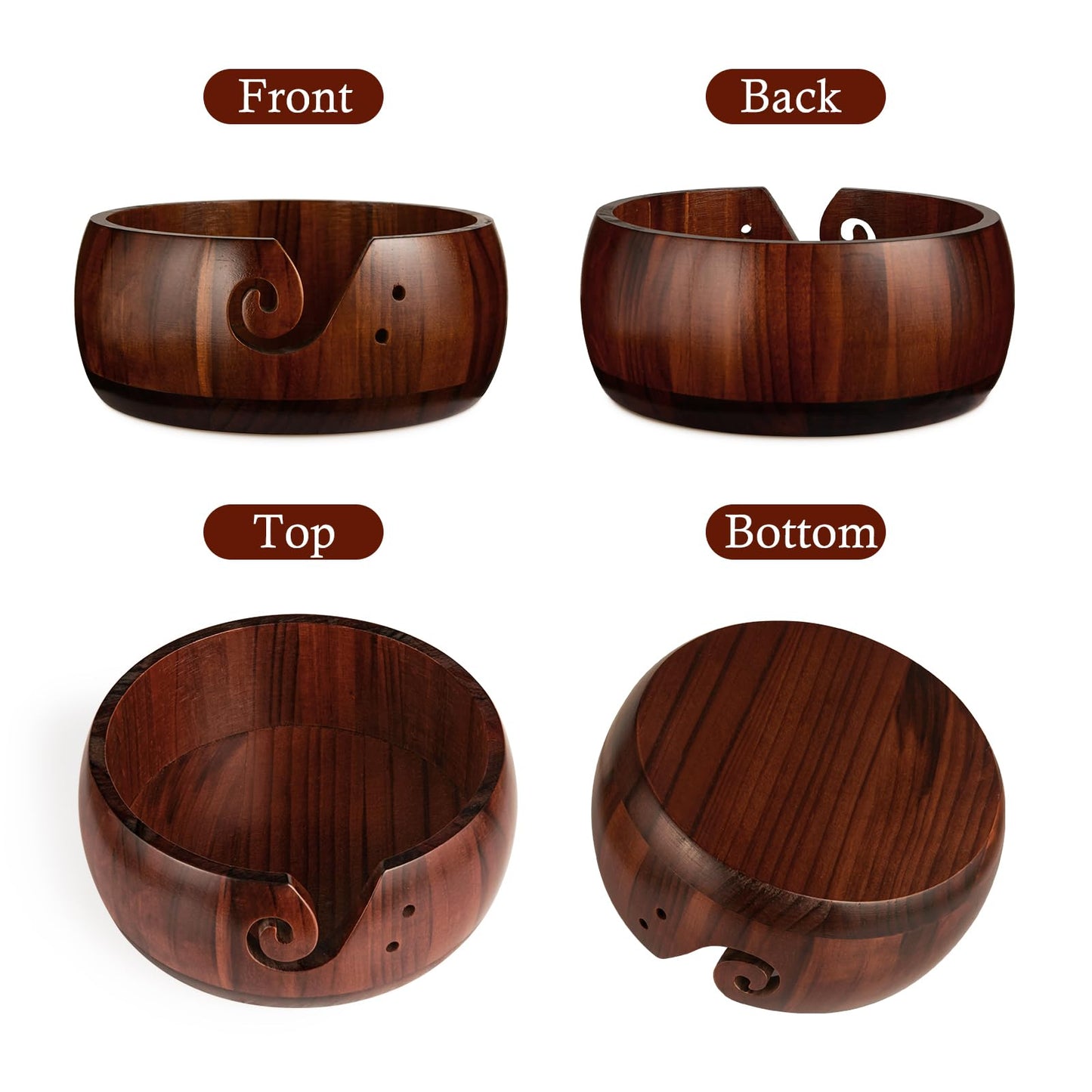 Wooden Yarn Bowl Holder, Craft Knitting Bowl with 8pcs Metal Crochet Hooks, 7.9''Large Yarn Holder Dispenser Yarn Storage Bowls, for Knitters & Crocheters (Brown 7.9 inch)