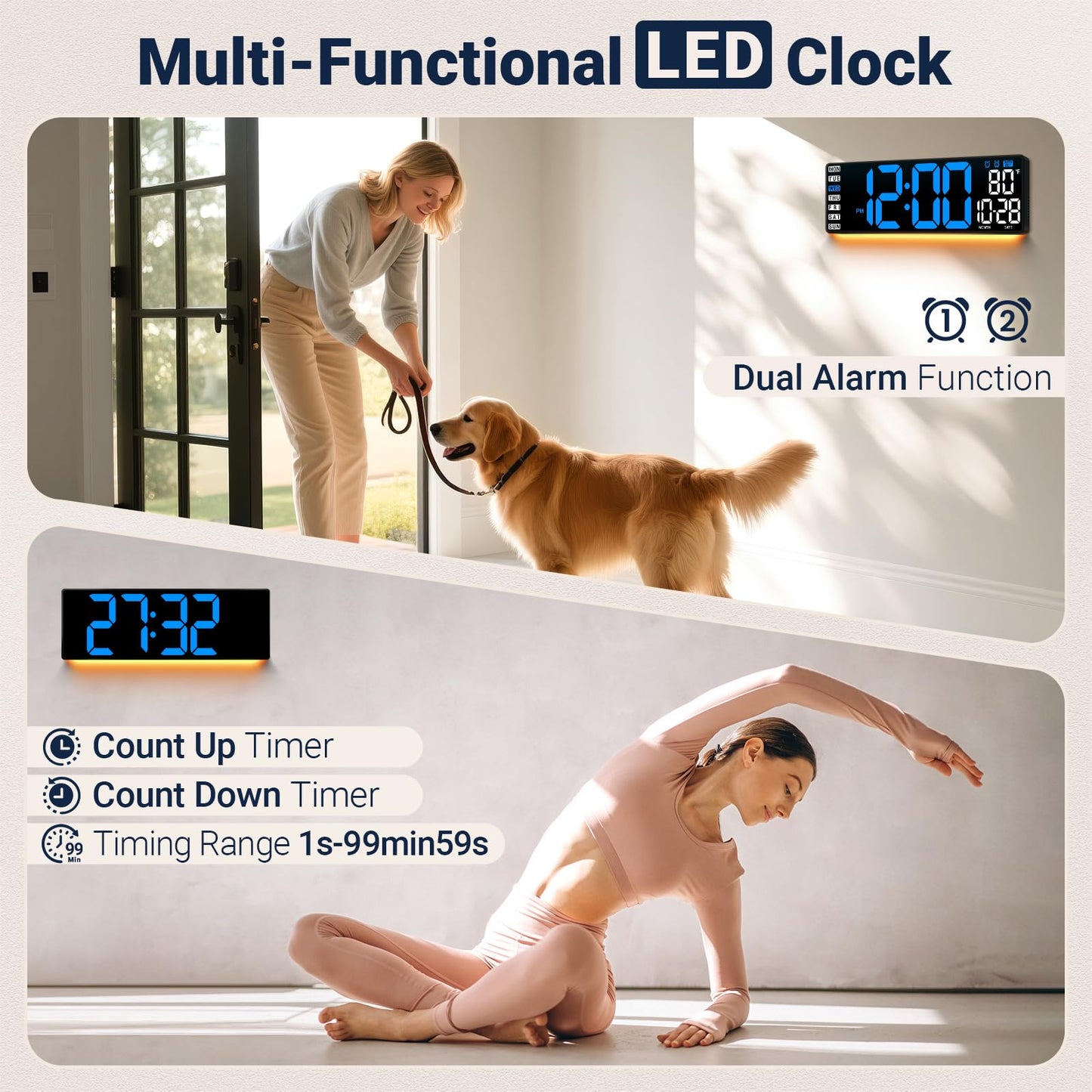 ANSOPER 16.5" Large Digital Wall Clock with Remote Control, Auto-Dimming LED Display with Date Temp, Big Number Wall Mount Decor Clock for Seniors, Classroom, Dorm, Home, Office, Gym Blue