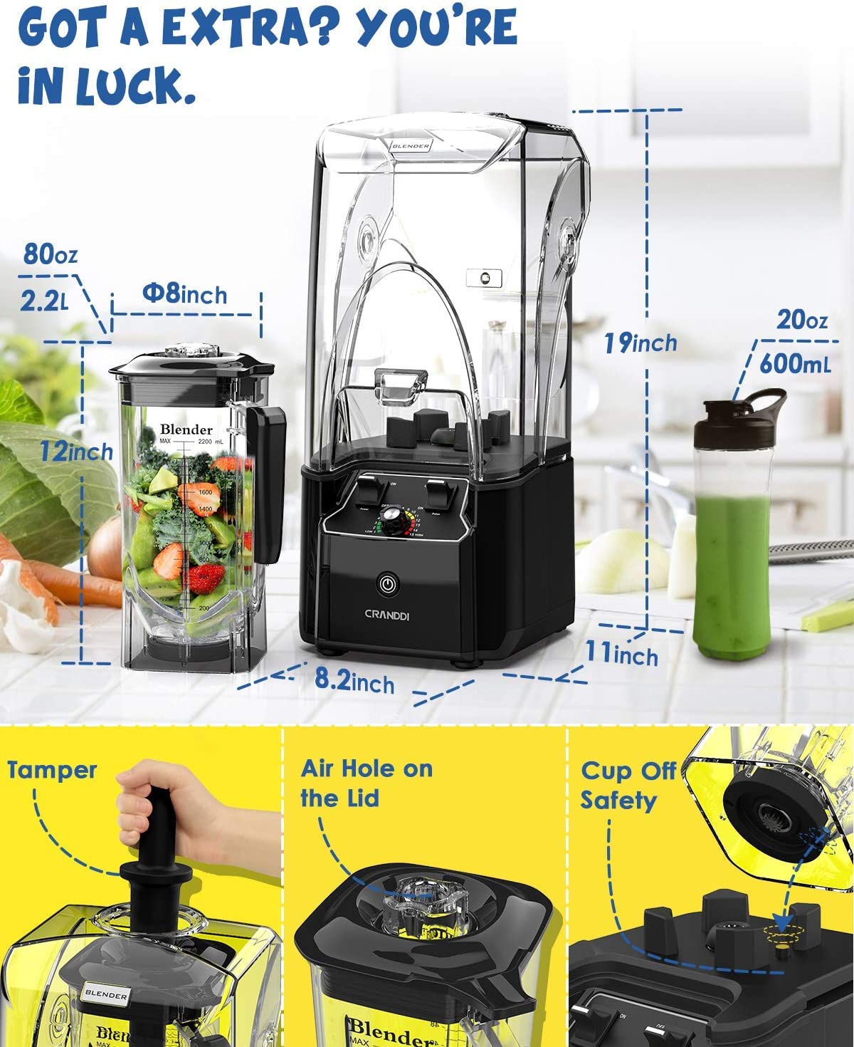 CRANDDI Commercial Quiet Blender, 2200 Watt Professional Countertop Blender with 80oz Pitcher, Built-in Pulse & 15-speeds Control, Smoothie Blender for Commercial and Home, K90 Black
