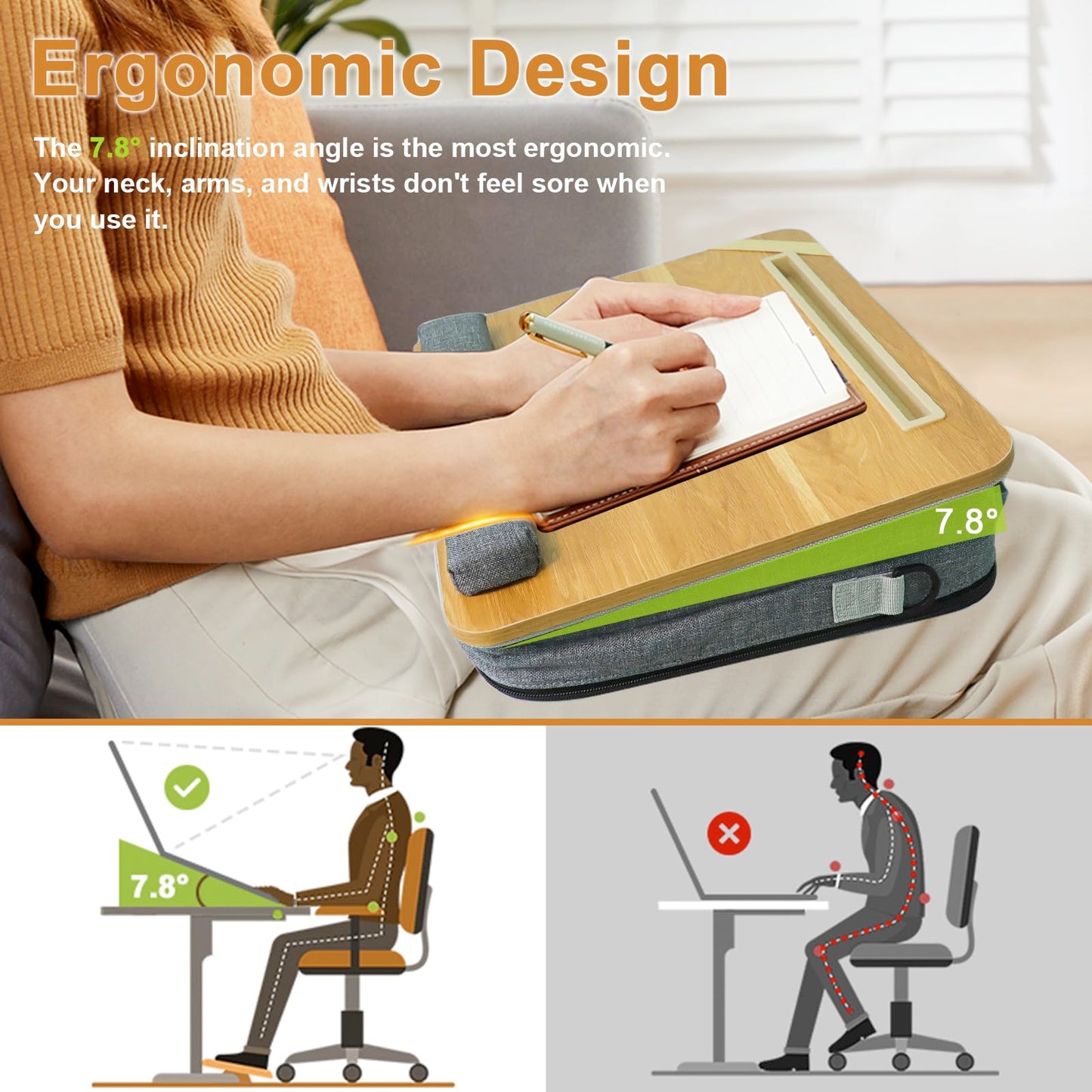 AMFIYQ Lap Desk for Laptop Stand with Cushion, Adults with Storage Fits Up to 15.6in, Combines Features Bag and Pillow Table by Travel, Portable Workstation for Home College Office(Light Brown)