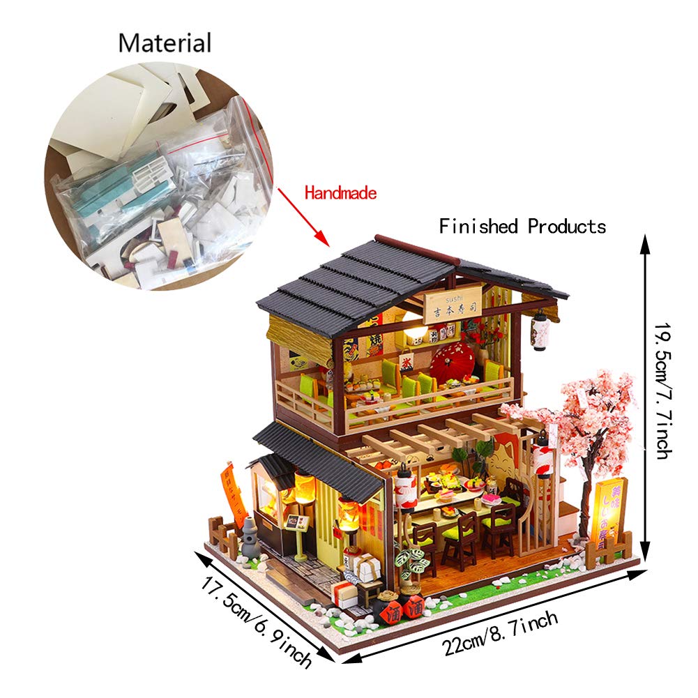 DIY Miniature Dollhouse Kit Japanese-Style Restaurant Wooden Miniature Doll House with Music and Dust Cover DIY Scene Architectural Model Toy Puzzle Fun Parent-Child Gift
