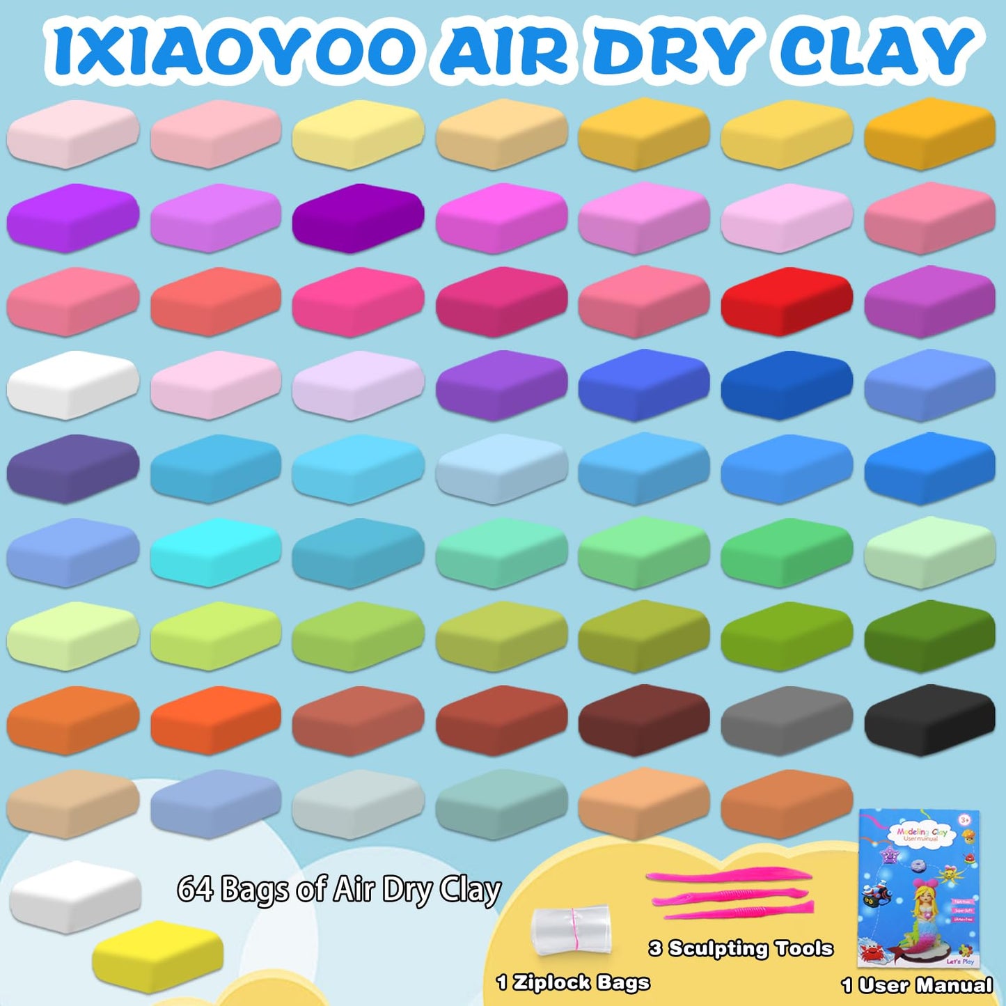 Ixiaoyoo Air Dry Clay, 64 Colors Modeling Clay for Kids, Creative DIY School Arts & Crafts Kit, Soft & Non-Sticky, Birthday & Christmas Toys Gifts for Age 3 4 5 6 7 8+ Years Old Boys Girls Kids