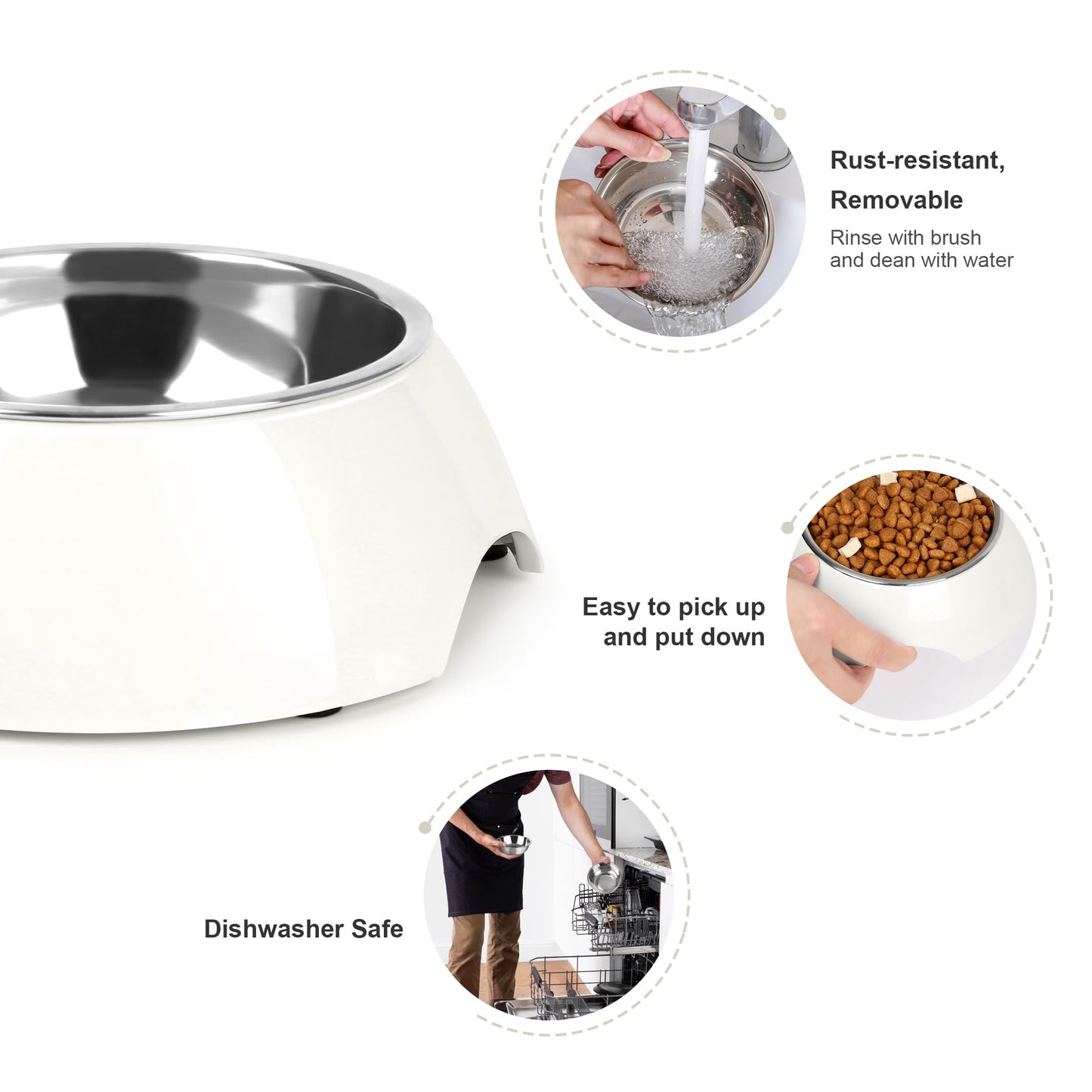 PetVillage Elevated Dog Bowls Set - Non-Slip Raised Pet Feeder with Medium (10 oz) & Large (20 oz) Stainless Steel Bowls - Includes Durable Resin Stand for Corgi Puppies and Adult Cats - White