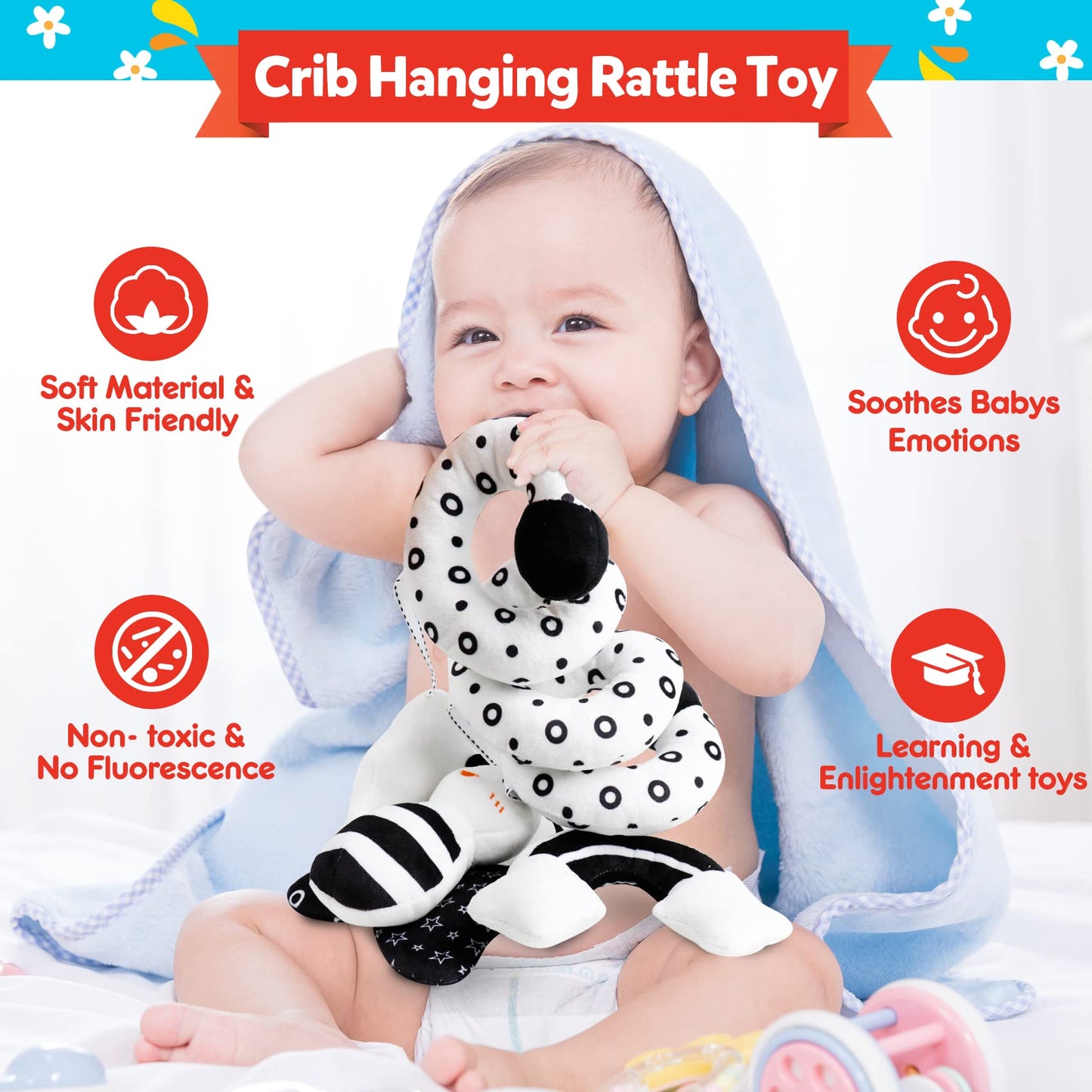 GKDOMS Baby Spiral Hanging Stroller and Car Seat Toys Black and White High Contrast Sensory Toy Newborn Plush Activity Toys Party Favors Quality Gifts for Baby Shower-BEE