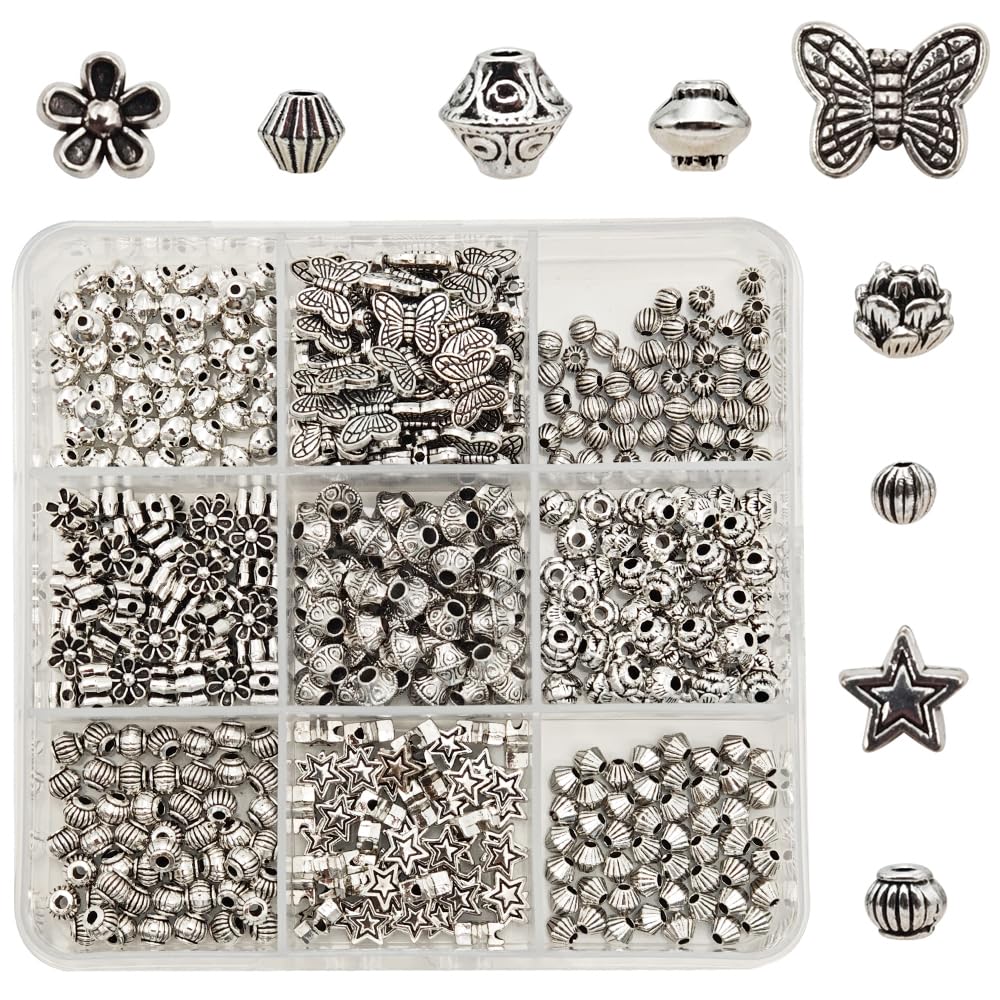 INSPIRELLE 450 Pieces Metal Alloy Spacer Beads Antique Silver Flower Butterfly Star Shaped Loose Beads for Jewelry Making and Crafting