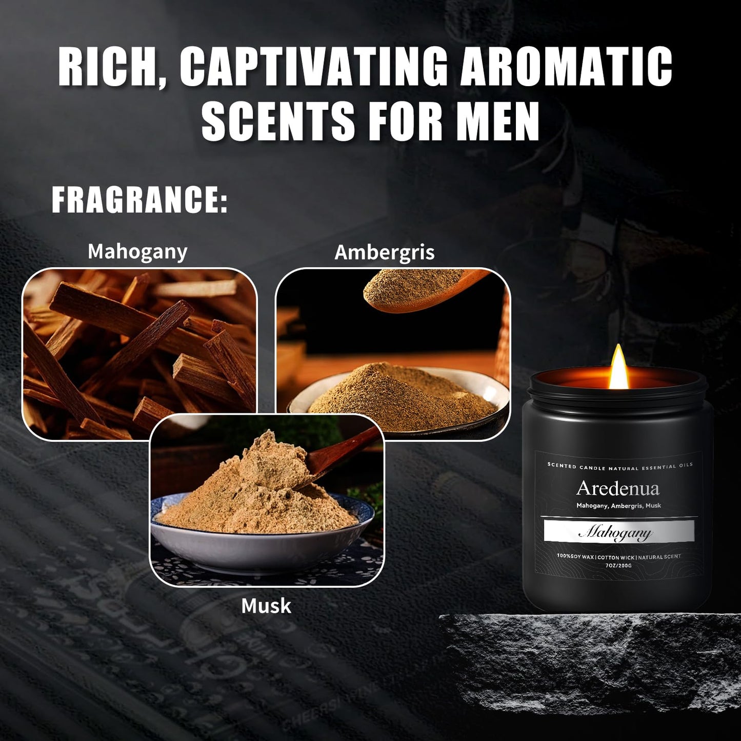 Mahogany Candle, Manly Scented Candles for Home, Masculine Candle Gifts for Men - 7oz Soy Candles for Home Scented, 50 Hours Burn Time, Perfect for Relaxing Home Fragrance