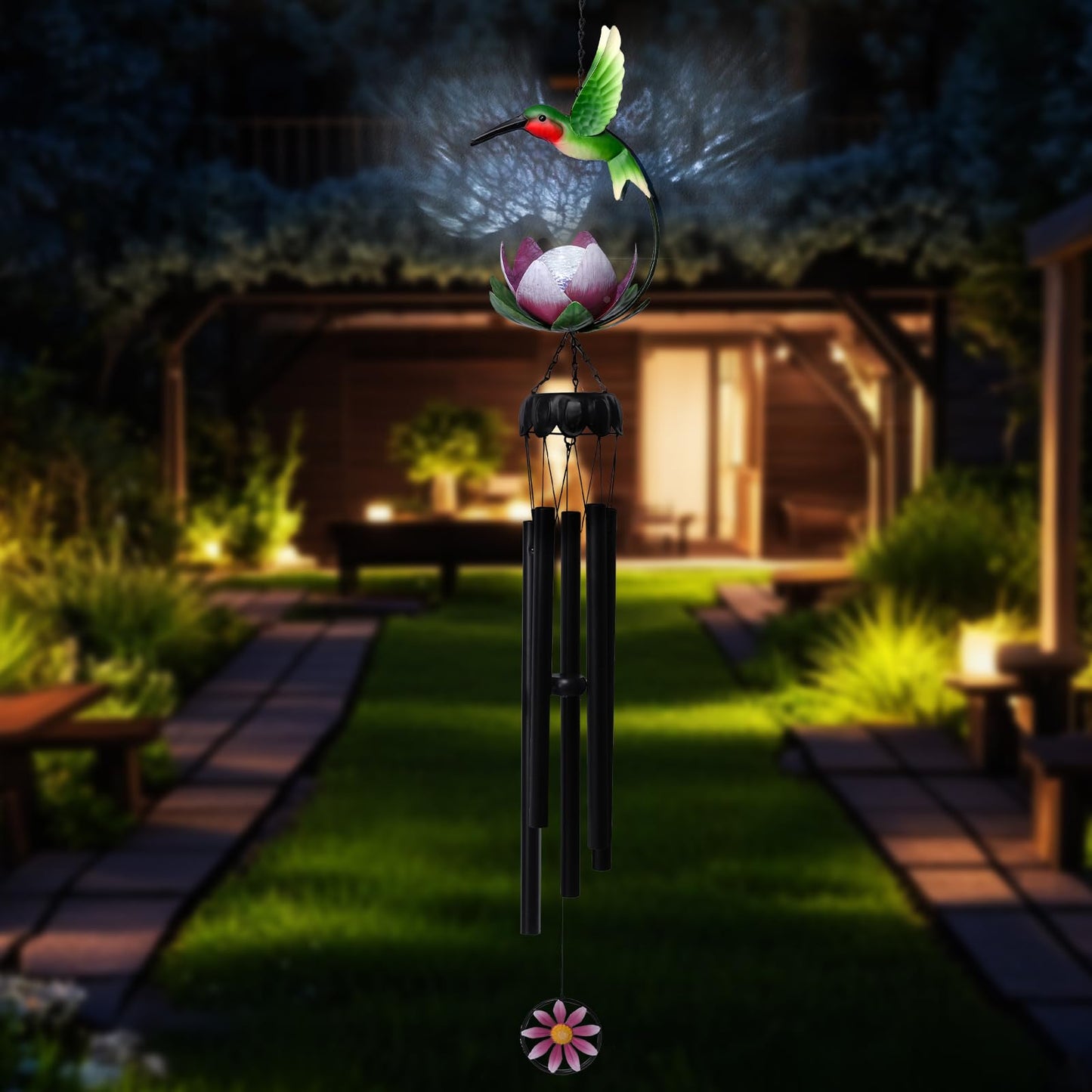MUMTOP Solar Wind Chimes for Outside - Hummingbird with Lotus Crack Glass Ball Lights Wind Chimes Outdoor Unique, Windchimes Clearance for Garden, Patio,Yard Decor Gift