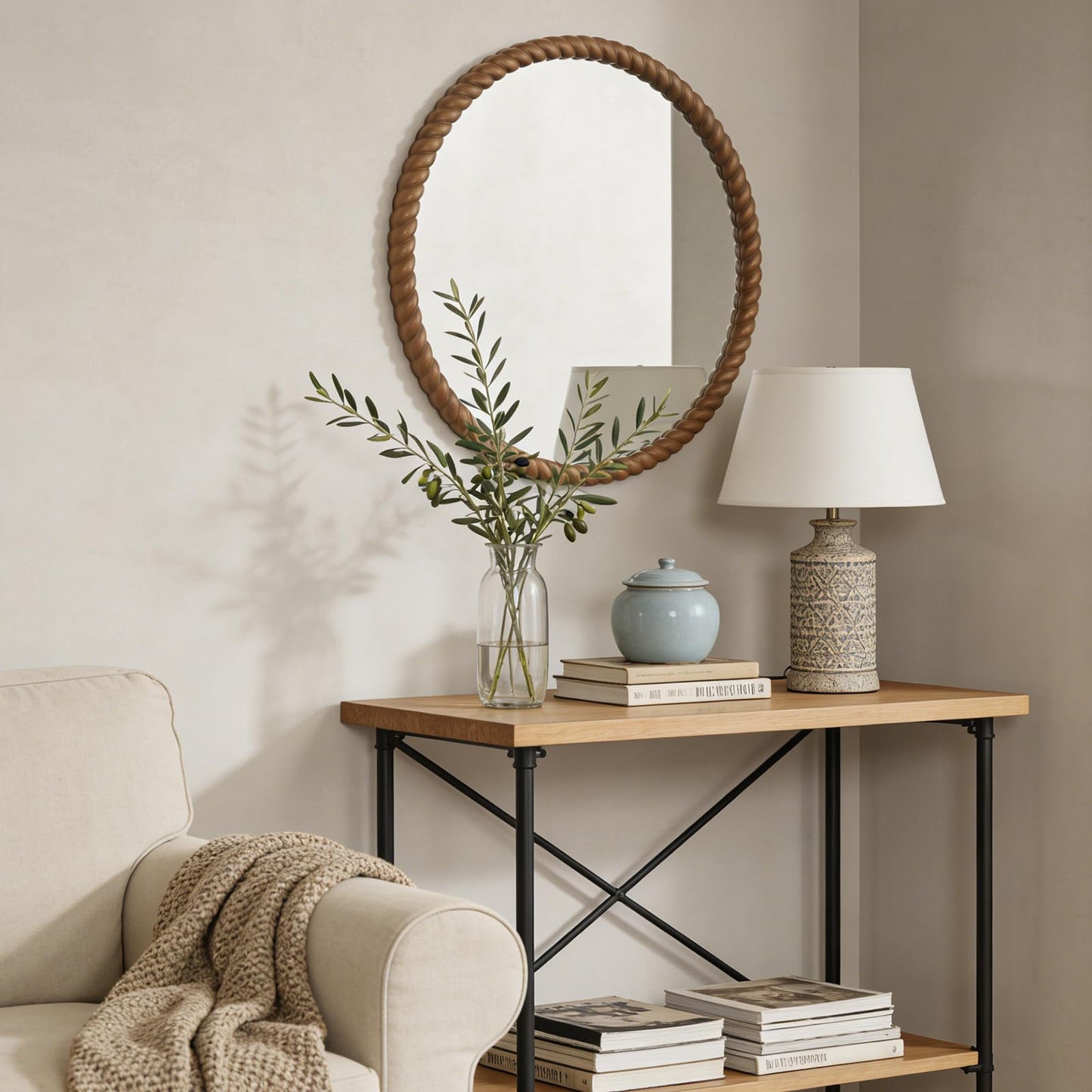 WallBeyond 30" Round Mirror with Rope-Design Frame, Large Circle Wall Mirror for Bathroom, Bedroom, Entryway & Living Room, Natural