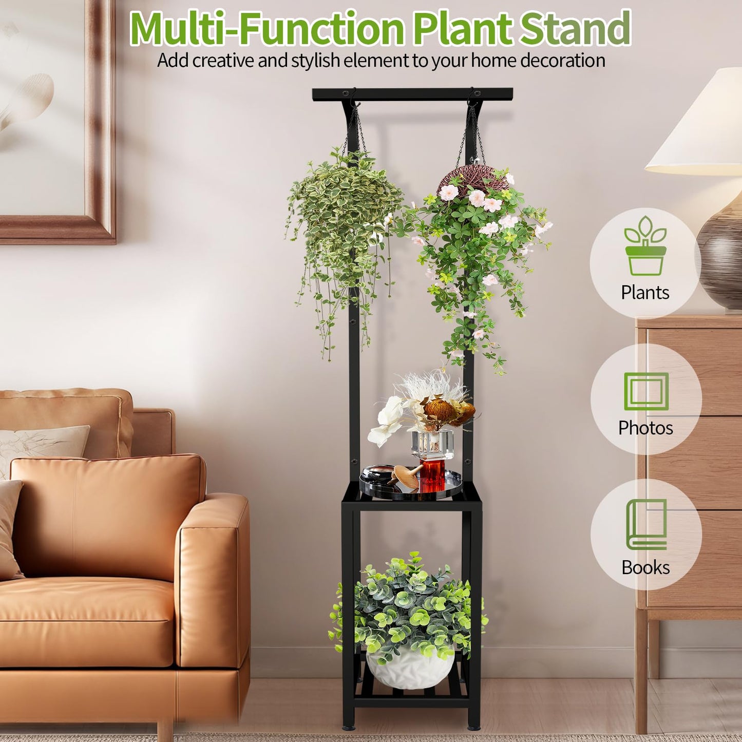 LLAXERGU Plant Stand Indoor Outdoor, 65" Tall Plant Stand Outdoor 3 Tiered Hanging Plant Shelf Heavy Duty Flower Stand Multiple Plant Metal Display Rack for Living Room Garden Balcony