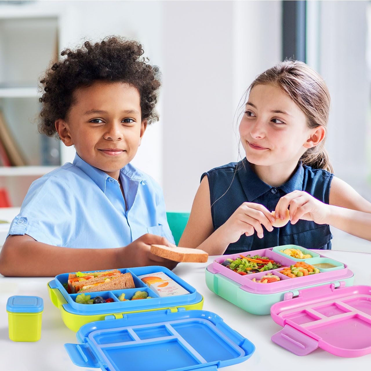 Caperci Bento Lunch Box for Kids - Large 4.8 Cups Lunch Container with 2 Modular Containers - 4 Compartments, Leak-Proof, Portable Handle, Microwave/Dishwasher Safe (Blue/Juicy Pear)
