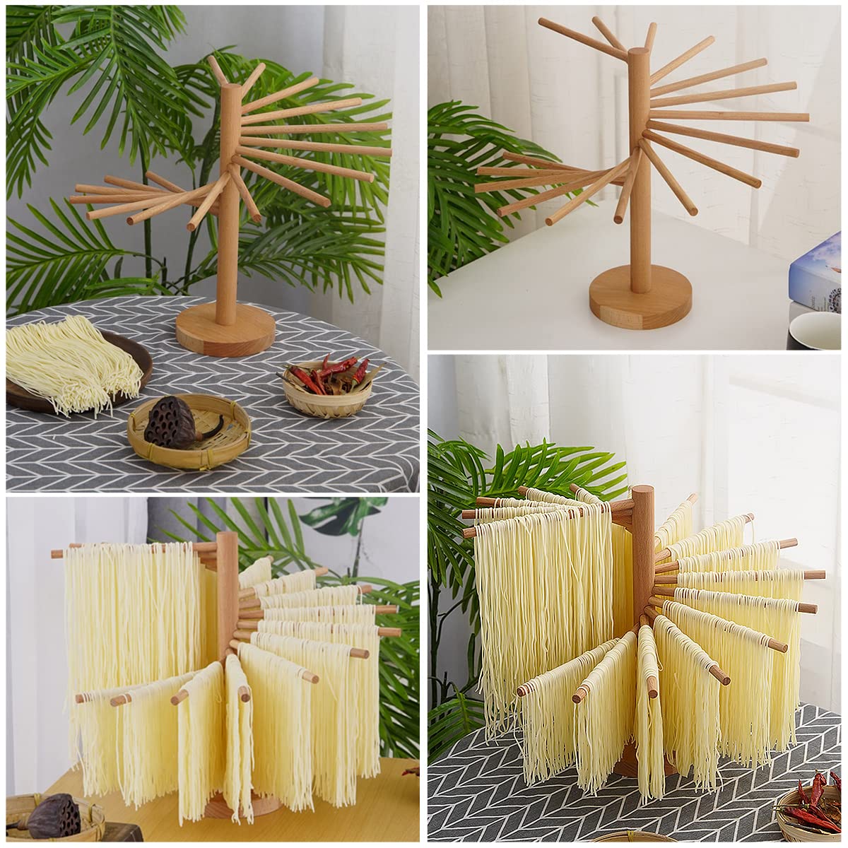 Pasta Drying Rack Wooden Spaghetti Stand Dryer Collapsible Wooden Pasta Drying Rack with 16 Suspension Rods Homemade Fresh Noodle Stand Dryer Easy Storage and Quick Set-Up Hanging Rack