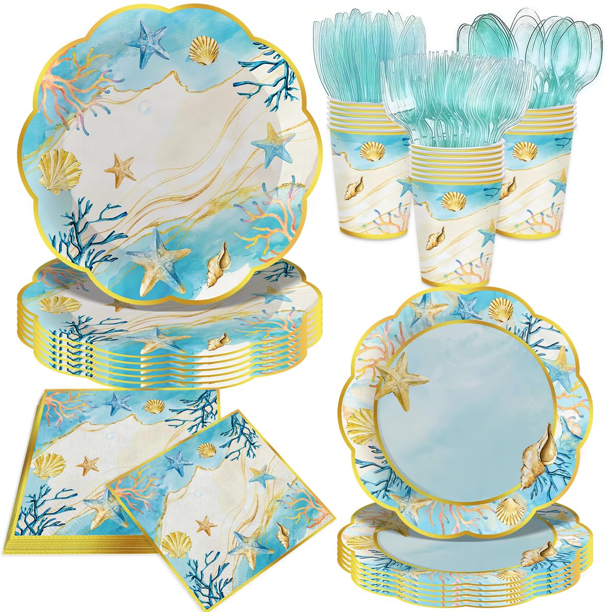JLCFUTURE 140Pcs Beach Party Decorations Shells Ocean Plates and Napkins Summer Baby Shower Beach Birthday Party Supplies Coastal Paper Plates, Serve for 20 Guest