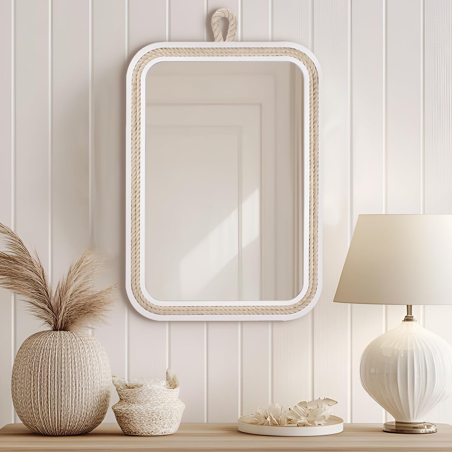 Nautical Rope Mirror Rectangle Wooden 22''Lx16''W White Decorative Mirror Farmhouse Hanging for Bathroom,Livingroom,Entryway-Beachy Coastal Wall Mirror Decor