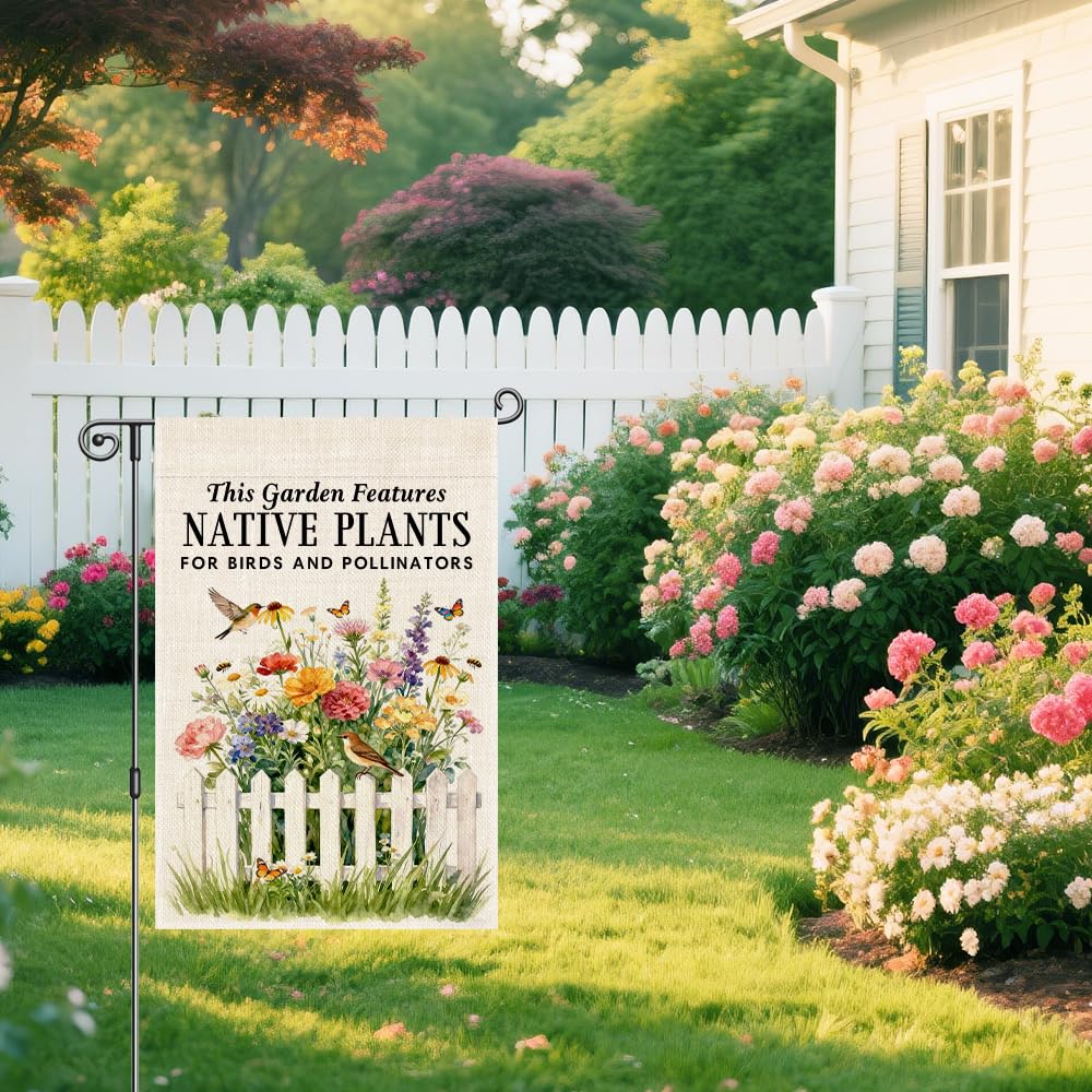 Vgrti This Garden Features Native Plants for Birds and Pollinators Garden Flag, Pollinator Friendly Yard Sign, Gardening Flag Gifts for Hummingbird Lovers, Welcome Yard Farmhouse Spring Outdoor Decor
