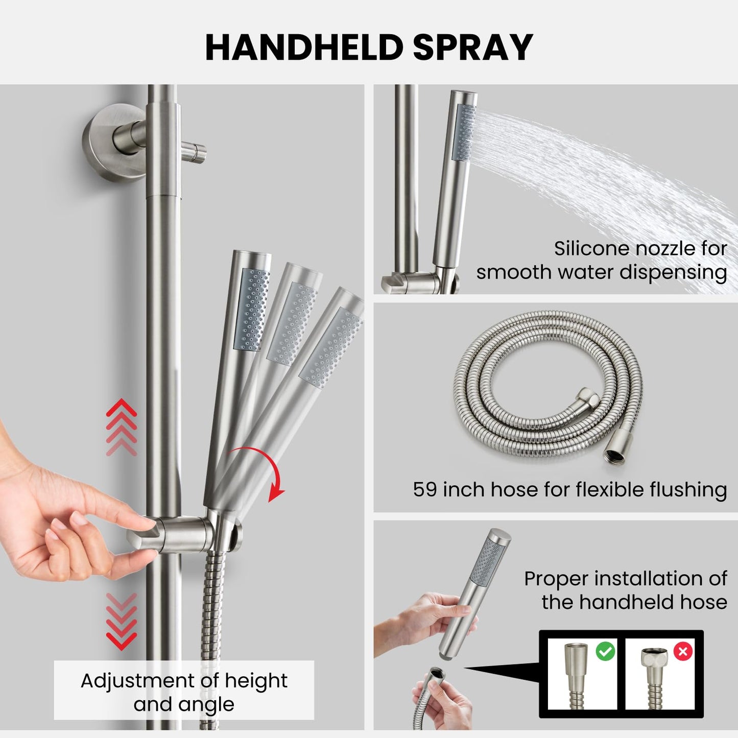 gotonovo Outdoor Shower Fixtures SUS304 Stainless Steel Rain Shower Kit Faucet High Pressure Wall Mount 2 Dual Function 8 Inch Showerhead and Handheld Spray Combo, Single Handle, Brushed Nickel