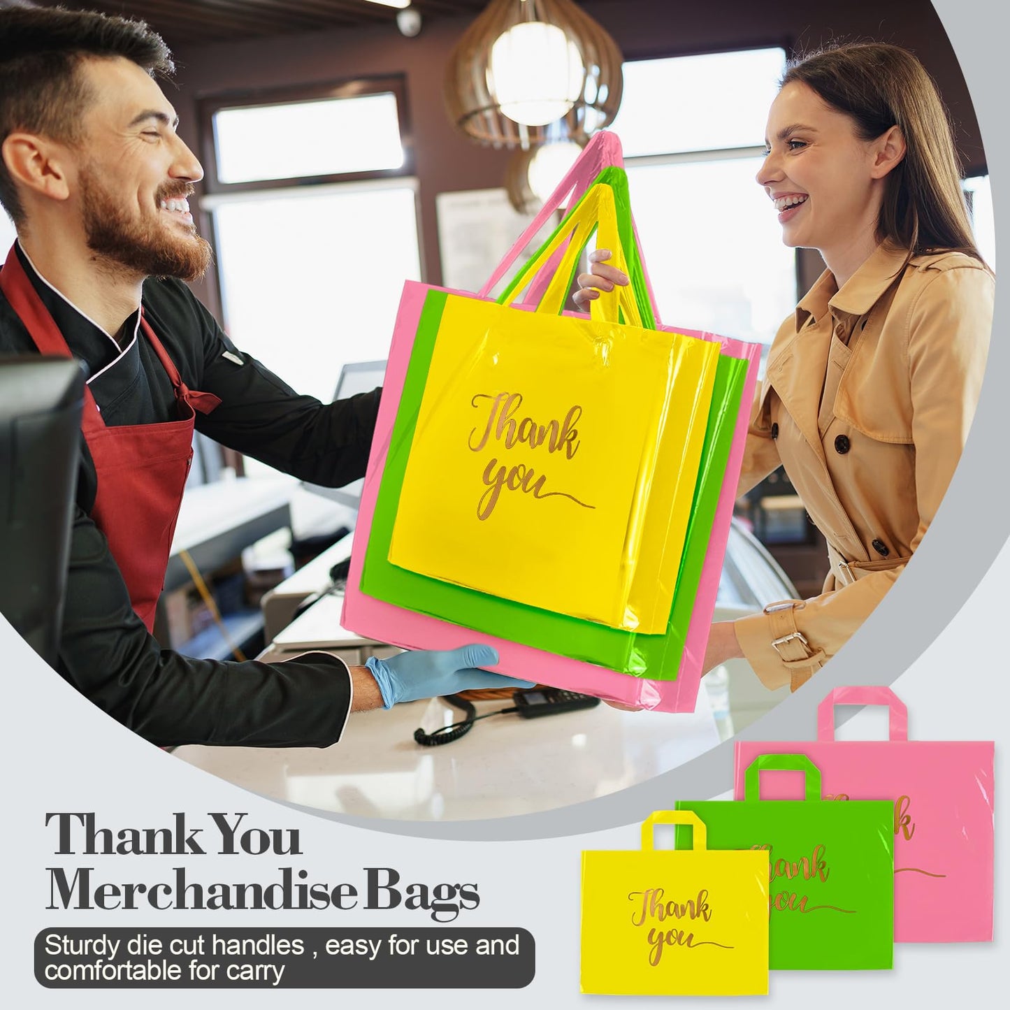 Teling 200 Pcs Thanks Bags with Handle Bulk Thank You Merchandise Bags 3 Size Plastic Packet Retail Shopping Package for Boutique 9 x 12'', 12 x 15'', 15 x 18'' (Pink, Green, Yellow)