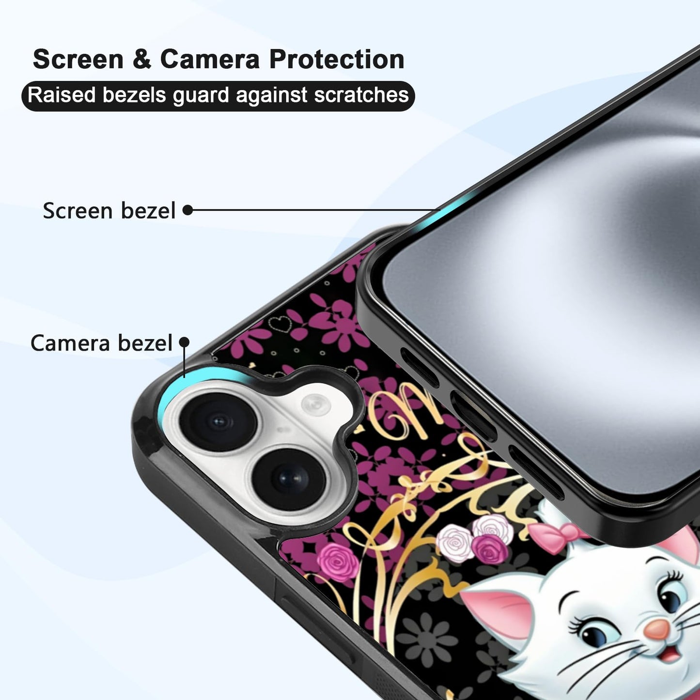 MMYAJT Graceful Marie Cat Phone Case Compatible with iPhone 16 Plus — Golden Lace iPhone Case Shockproof Fuchsia Pink Roses Phone Cover Gift for Boy Girl Men Women