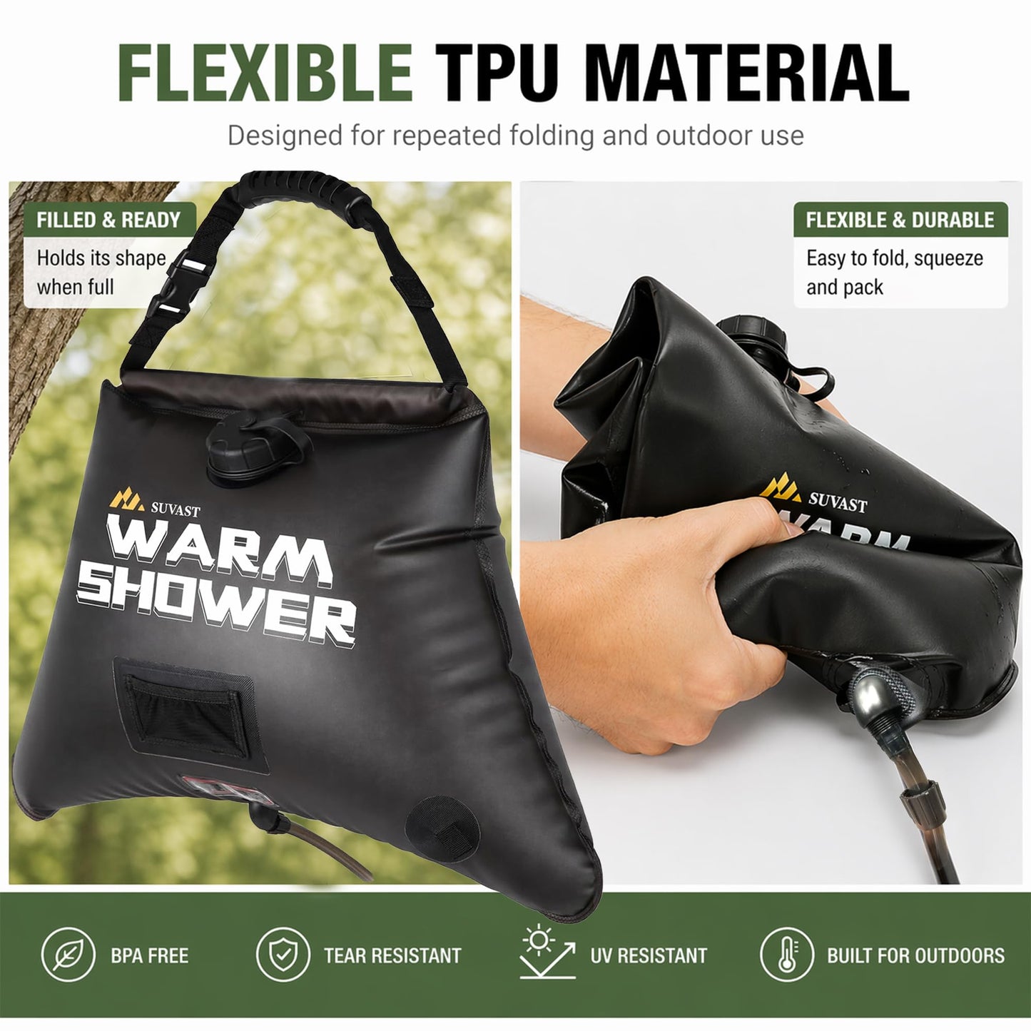 suvast Solar Shower Bag, 4 Gallon/15L, TPU Portable Solar Shower for Camping & Outdoor Cleaning, with Hose and Carry Bag
