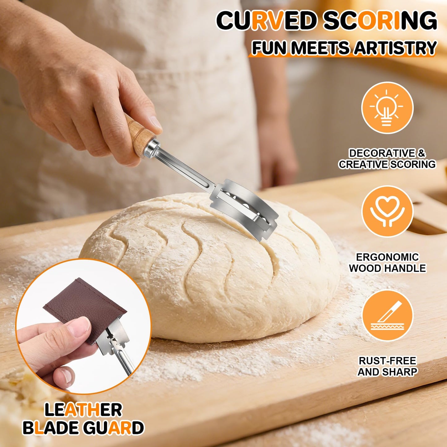 PHILORN 2pcs Set Bread Lame with 10 Stainless Steel Blades, Finger Sleeves and Protective Cover - Sourdough Razor Scorer with Straight & Curved Scoring Knife - Ergonomic Wooden Handle Gift for Bakers