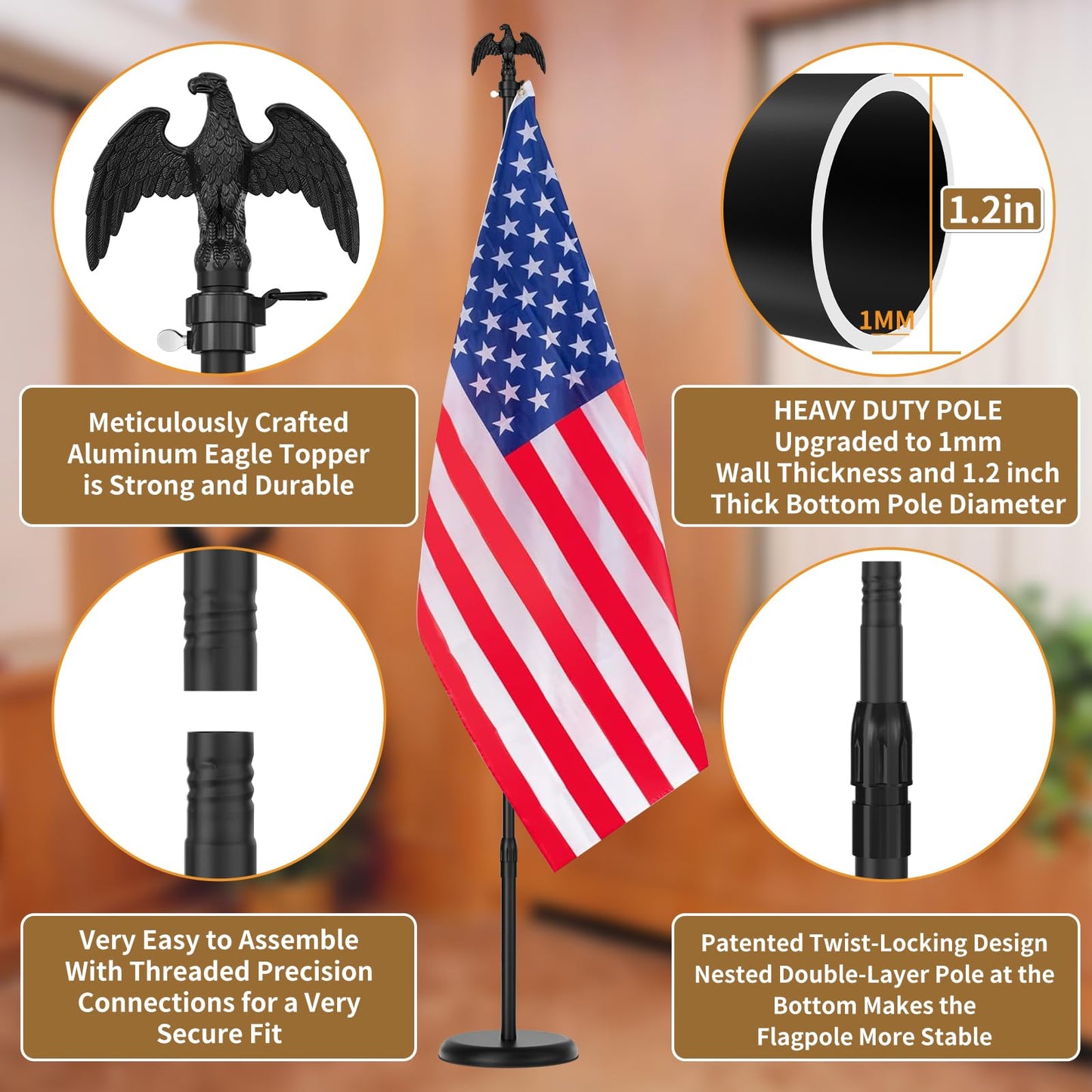 8 FT Indoor Flag Pole and Stand, Heavy Duty Indoor Flag Pole Kit with Weighted & Thickened Base, Eagle Topper, 3x5 FT American Flag, Adjustable Presidential Indoor Flagpole for Office School City Hall