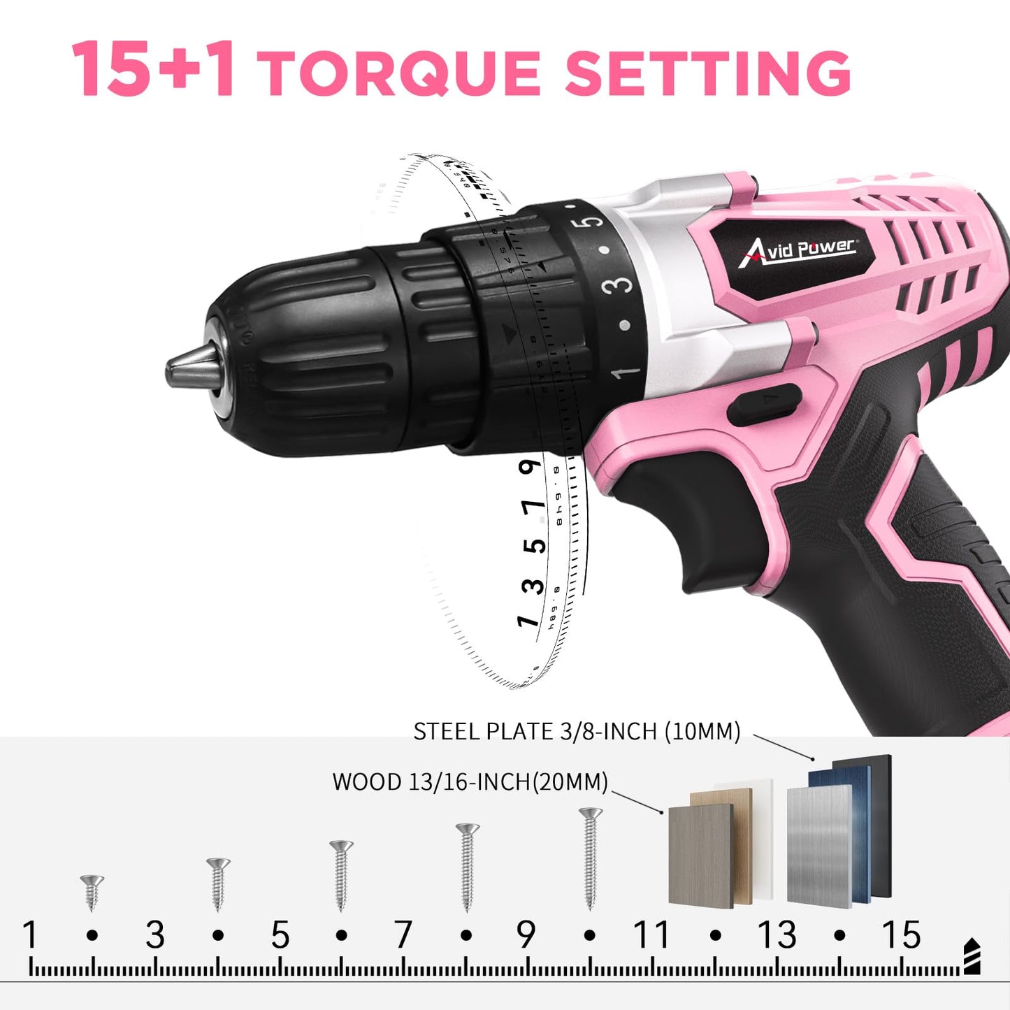 AVID POWER 20V Cordless Drill Set for Home DIY & Beginner Projects - Lightweight Power Drill with Battery Charger & 22 Bits, Variable Speed, 3/8" Keyless Chuck, Ideal for Furniture Assembly (Pink)