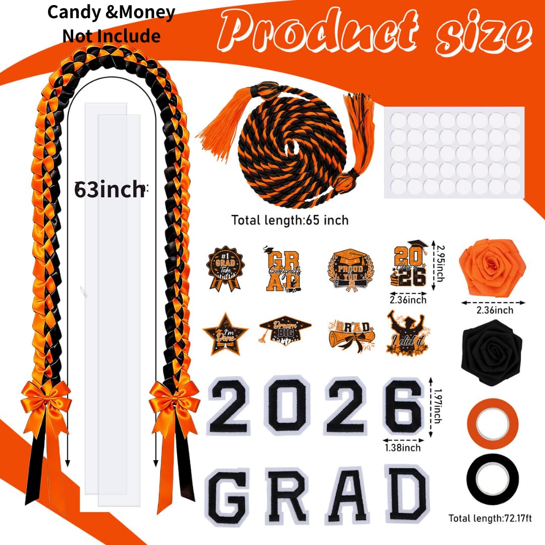 Hamdwerk 26Pcs 2026 Graduation Candy Leis Making Kit, Class of 2026 Graduation Ribbon Lei, Double Braided Necklace Decorations with Flower Patches Honor Cord for DIY Graduate Gifts Party Supplies