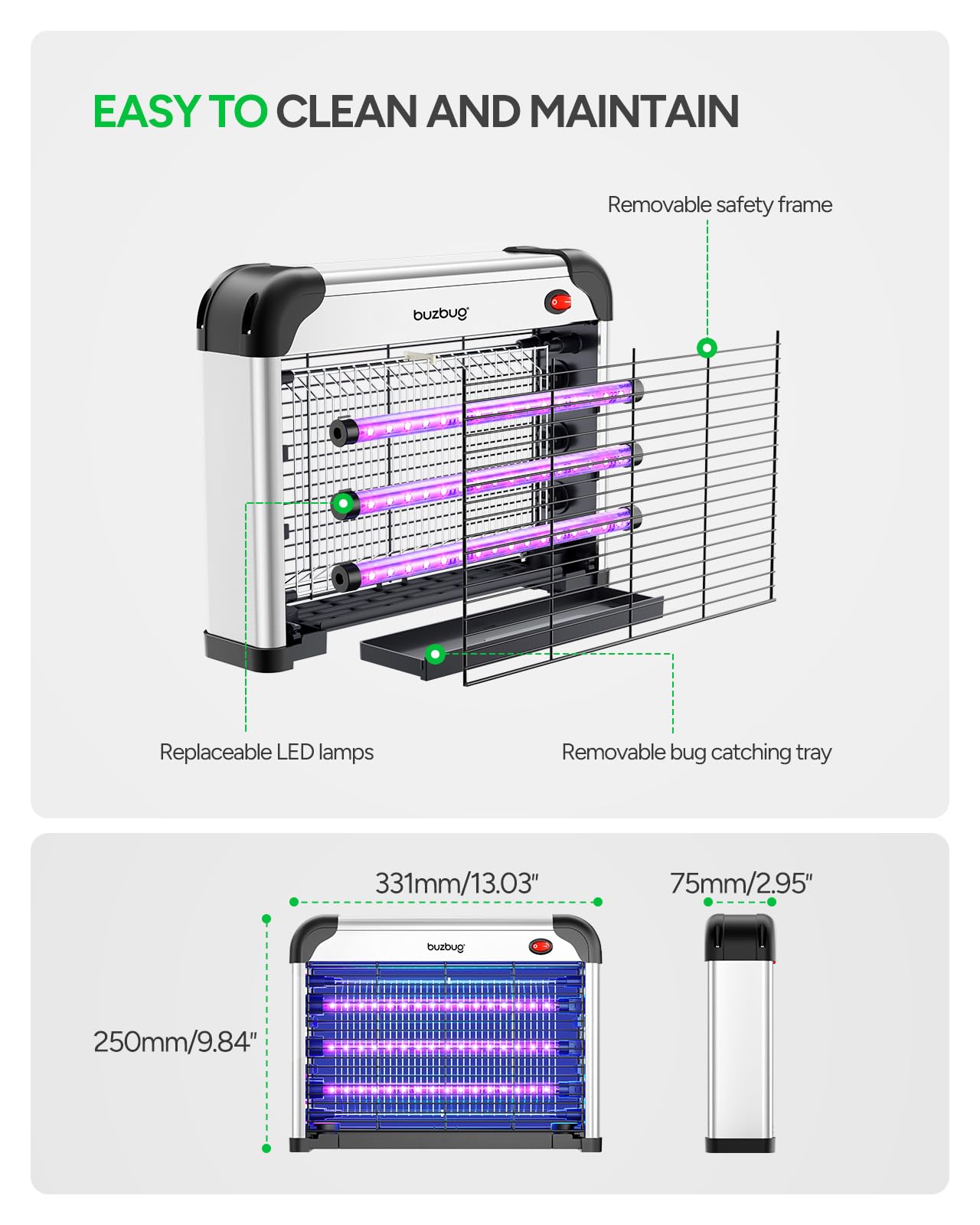 Buzbug LED Bug Zapper Indoor, 3 Efficient 50000H LED Bulbs, Energy Saving & Dual Band Attraction, High-Voltage Electric Mosquito Zapper, Fly Trap Mosquito Trap, Fly Killer Fly Zapper -MA009