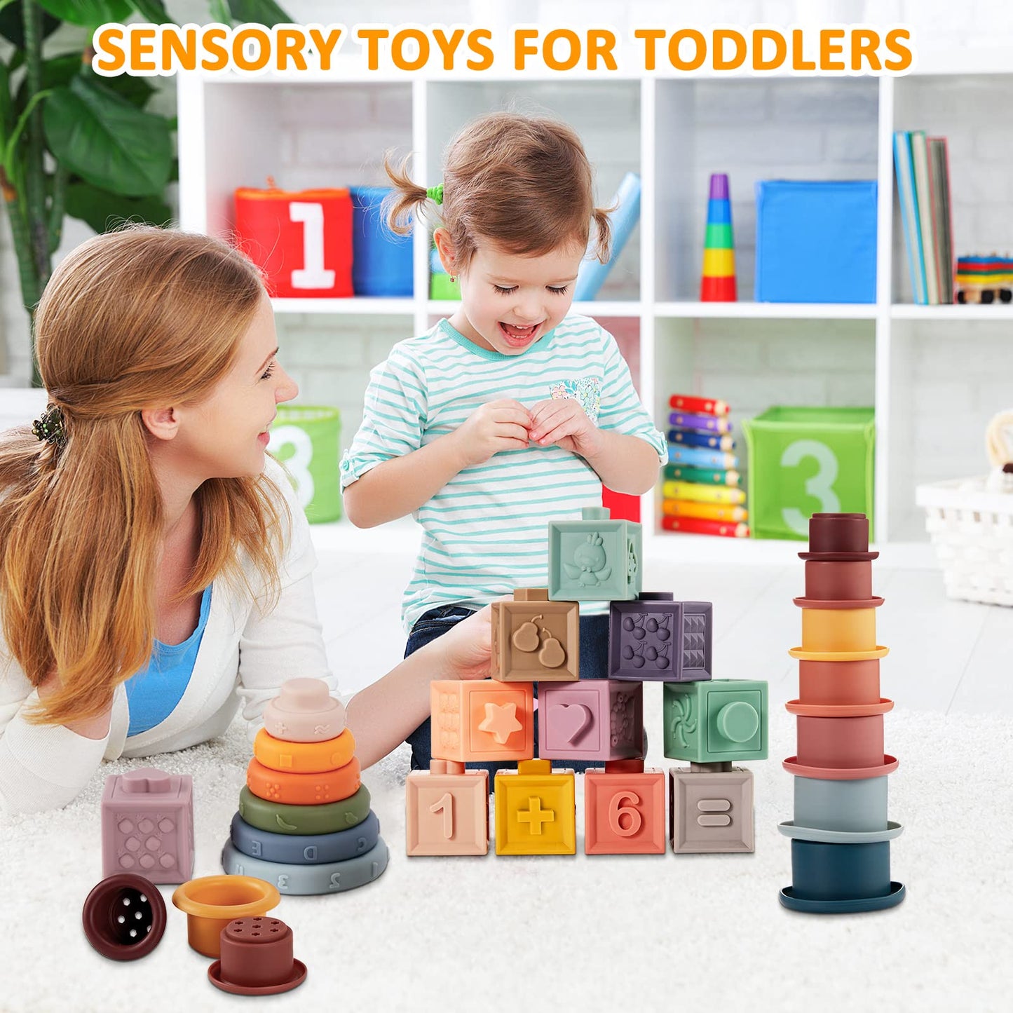3 Set Montessori Toys for Babies Soft Baby Stacking Cups Toy Silicone Ring Baby Stacking Blocks for Toddlers 6 to 12 Months Sensory Building Blocks with Number Fruit Shape Toddler Gifts for Christmas