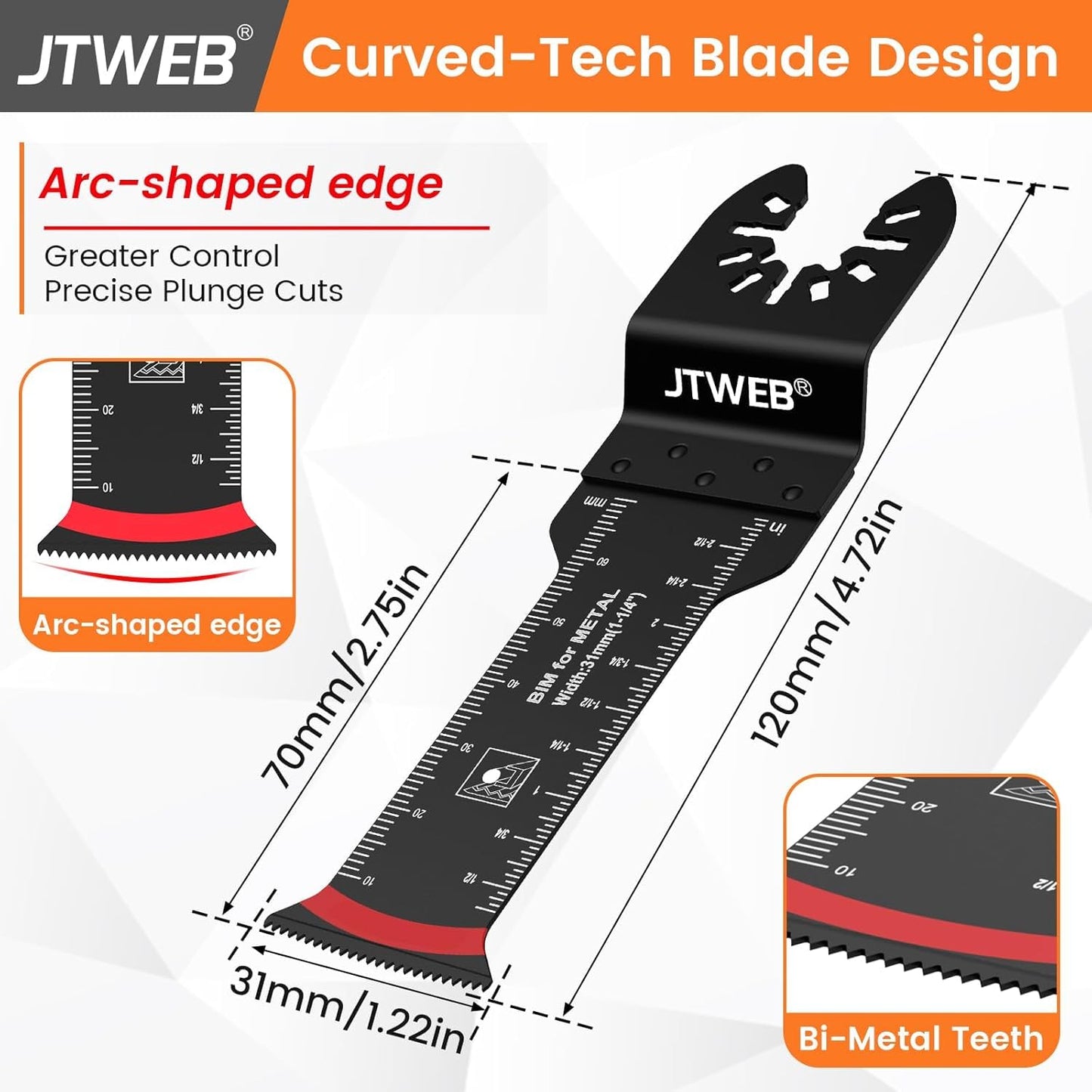 JTWEB Extra Long Oscillating Saw Blades - 30PCS Arc-Shaped Edge Bi-Metal Multitool Blades Precise Cut for Wood with Nails, Metal, Universal Quick Release Power Oscillating Tool Blades Kits