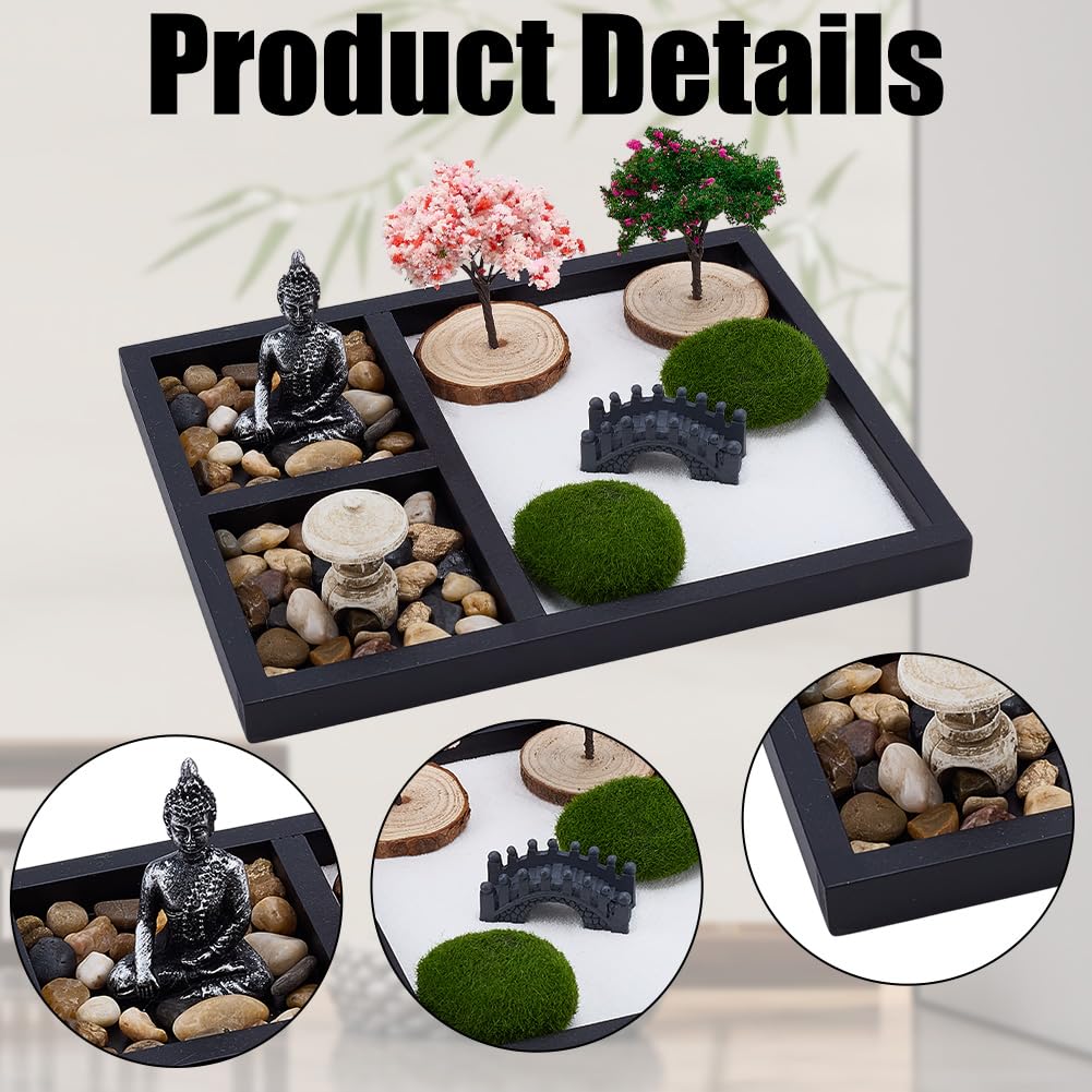 WEBEEDY Mini Zen Garden Kit for Desk, Japanese Mini Sand Box Set DIY Desktop Meditation Set Includes Sand, Buddha Statue & Rake for Home Office Desk Yoga Zen Decor Spiritual Gift, 8.5x6.8 Inch