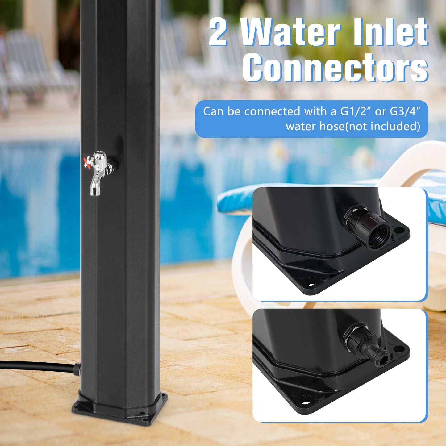 Goplus 9.3 Gallon Solar Heated Outdoor Shower, 7.2 FT Freestanding Garden Shower with Dual Swivel Shower Heads & 2 Foot Showers, Adjustable Temperature,for Poolside Backyard Beach