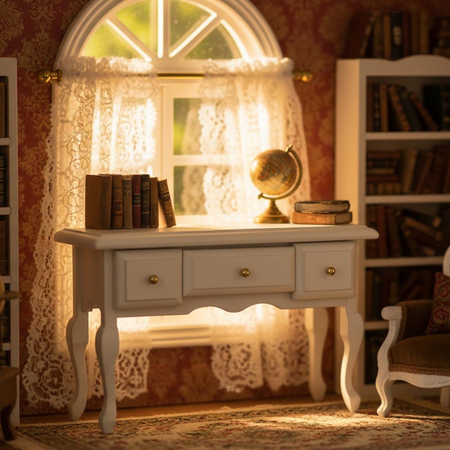Miniature Table 1:12 Furniture for Dollhouse Accessories Writing Desk with 3 Drawers Miniature Room Ornaments Living Room Bedroom Library Scene Decoration (White)