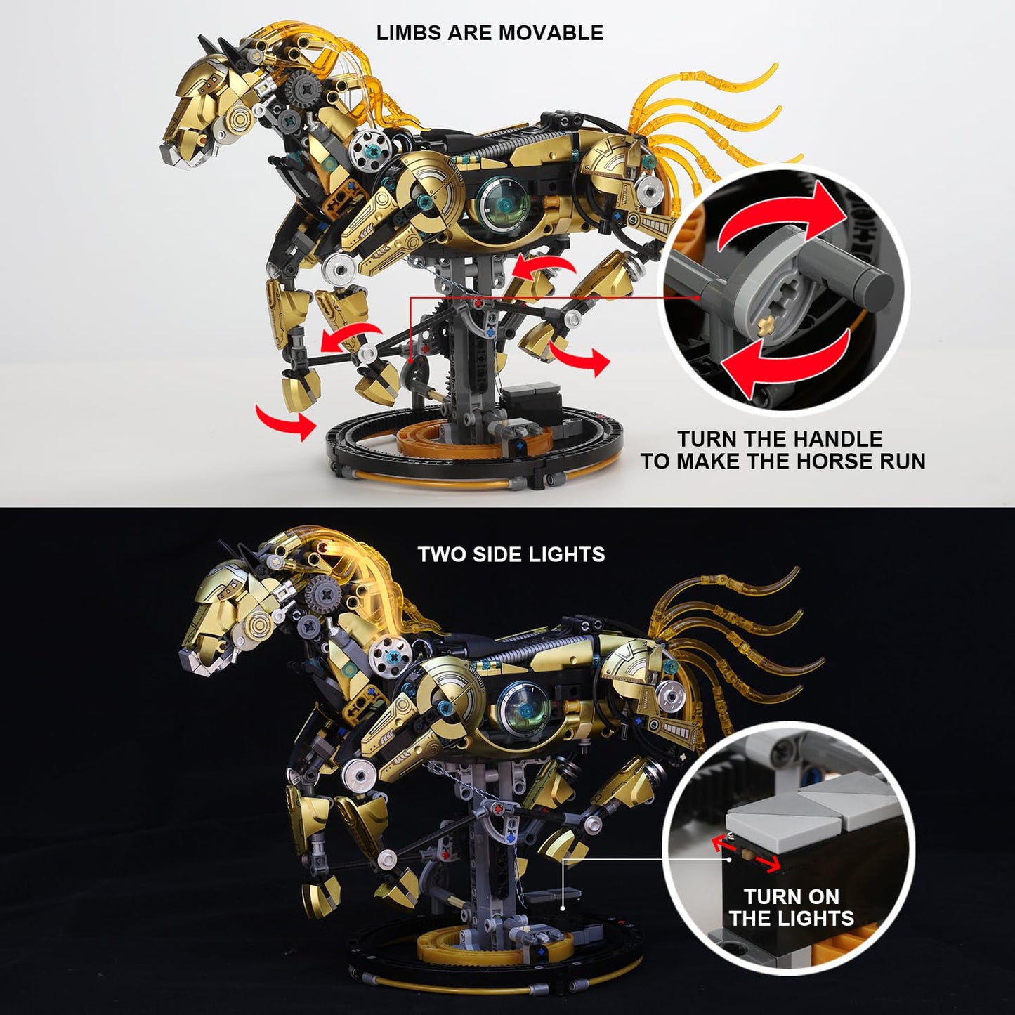funxinee Mechanical Horse Building Blocks Linkage Kit, Animal World Model with Lighting & Display Stand, STEM Toy DIY Desktop Ornament for Boys Ages 12+, Adult Collectors, Unique Birthday Gift Idea
