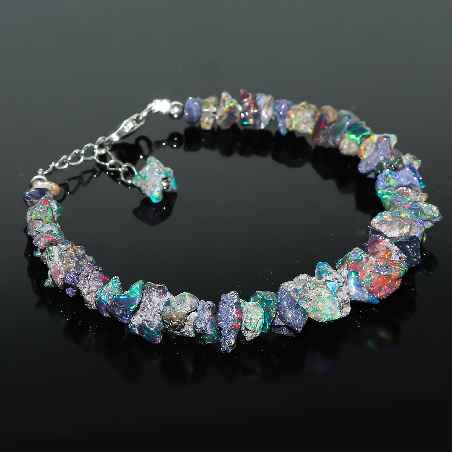 CRYSTALIS Black Opal Bracelet, Natural Raw Stones, Fire Play Rough Gemstones, Chakra Healing Crystals, Gift Giving Jewelry, Rhodium 925 Sterling Silver Women Bracelet 8 inch