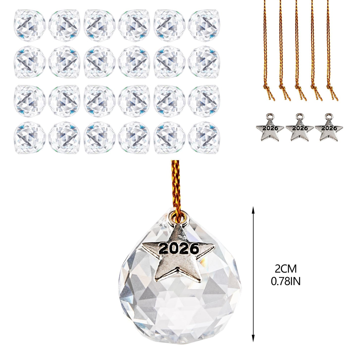 LOULIQIGIFT 24Pcs Clear Crystal Ball Prism 2026 Hanging Ornaments Chandelier Crystal Parts Rainbow Maker for Wedding Party Birthday Mothers Day Decoration (20mm)