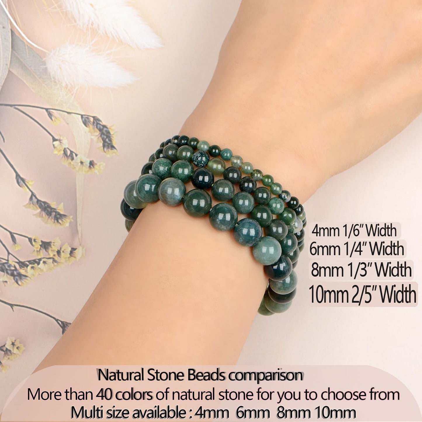 LPBeads Handmade Natural Gemstone Stretch Elastic 4mm Moss Agate Bracelet Healing Crystal Round Stone Beads Jewelry Gifts for Women Men
