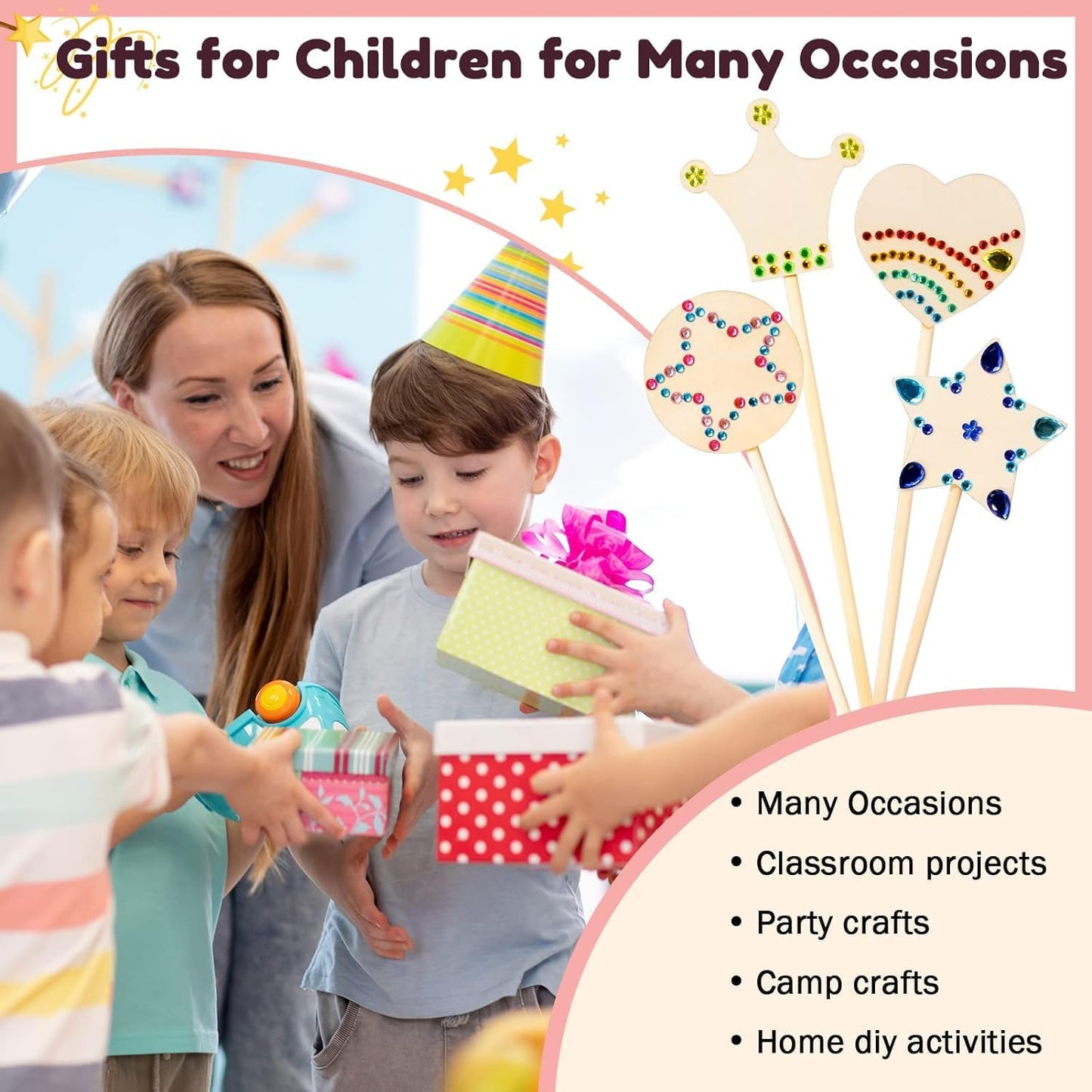Pllieay Princess Fairy Wands Kit for Birthday Party Favors Decorations, Include 18 Pieces 6 Styles Unfinished Wooden Princess Wand and 4 Gem Stickers Princess Art Magical Show for Party Supplies