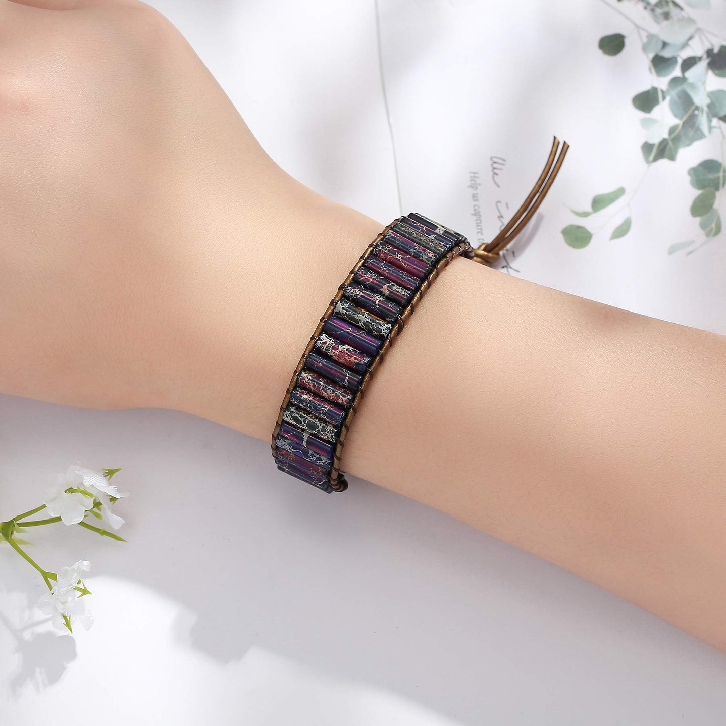 Plumiss Boho Handmade Chakra Bracelets Leather Purple Imperial Jasper Bead Wrap bracelet for Women Men