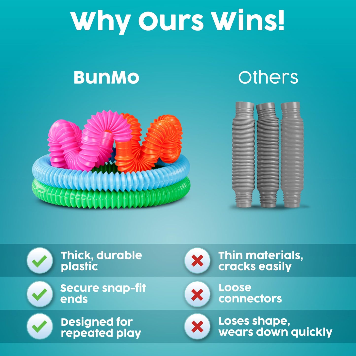 BUNMO Pop Tubes - Sensory Toys - Fidget Toys - Imaginative Play & Stimulating Creative Learning - Hours of Fun for Kids - Tons of Ways to Play - Non-Mouthable Toy 3+ - 8 Pack Large