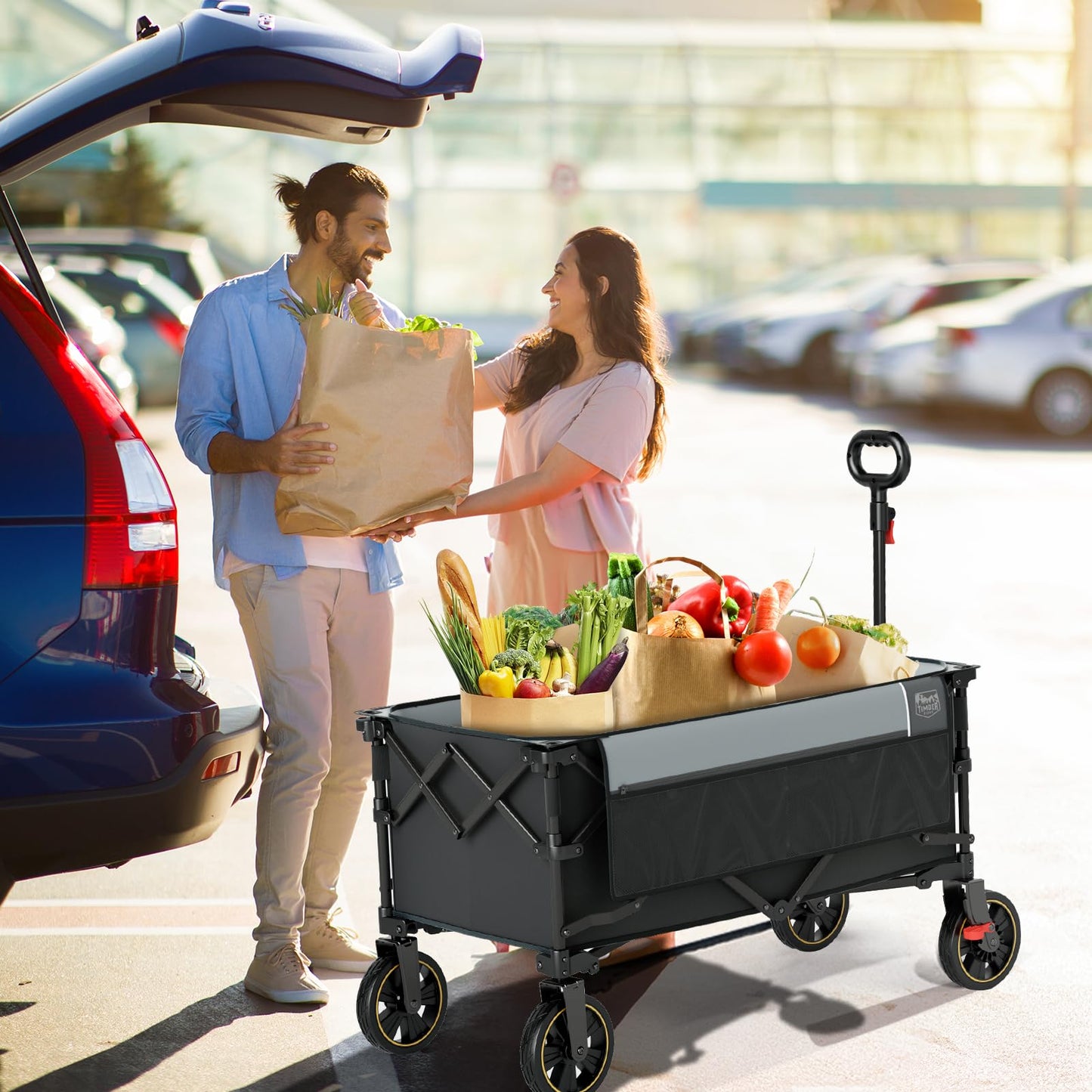 Timber Ridge Collapsible Wagon Cart with Brakes, 400lbs Heavy Duty Large Capacity Compact Portable Folding Wagon, Utility Grocery Cart for Camping, Gardening, Shopping-Grey