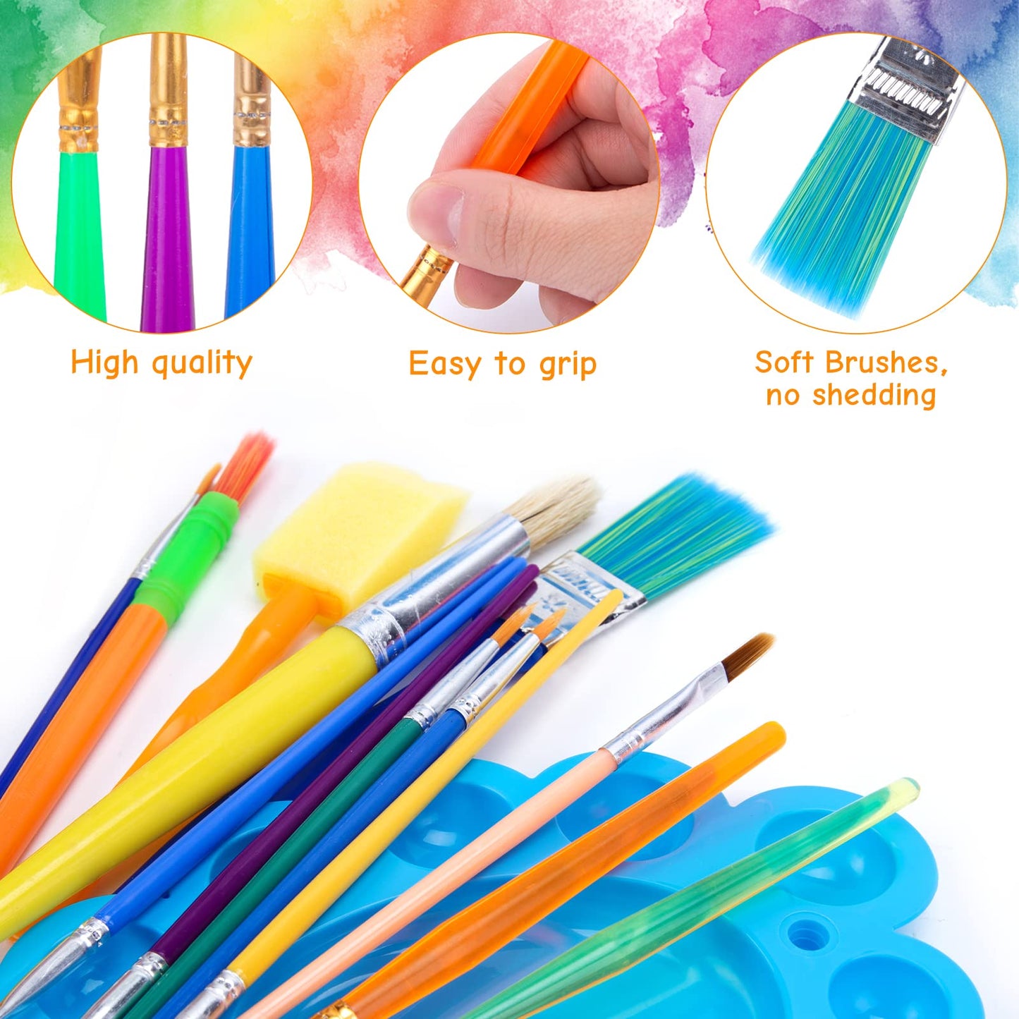 BigOtters Painting Brushes, 45PCS Kids All Purpose Paint Supplies Include Paint Cups with Lids Palette Tray Multi Sizes Brush for Children Gifts School Prizes Art Party
