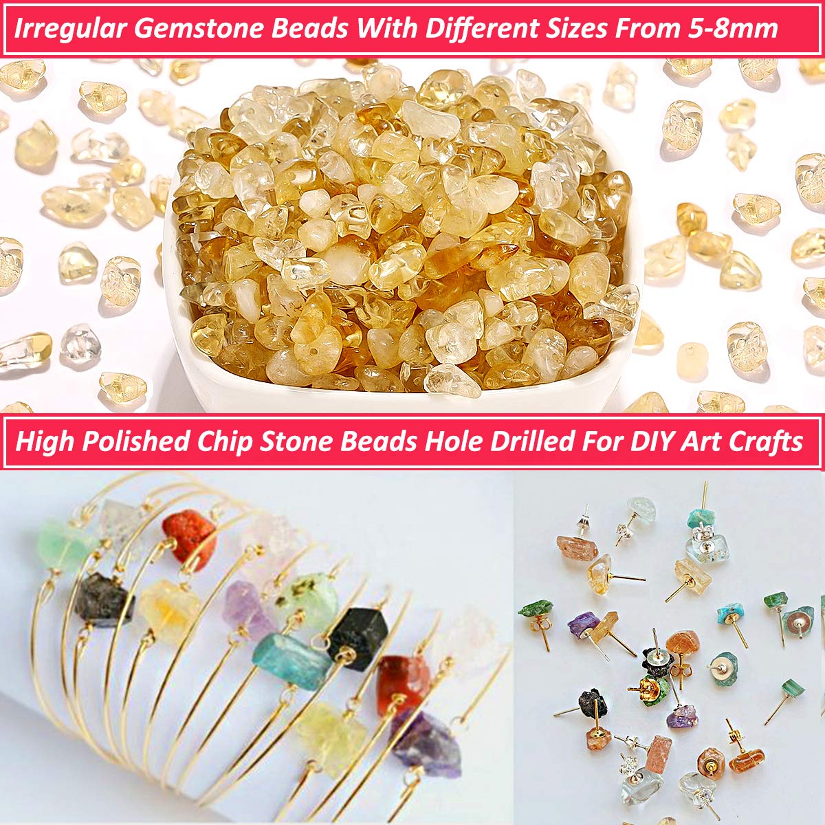 Natural Chip Stone Beads for Jewelry Making, Irregular Gemstone Loose Beads Crushed Chunked Crystal Pieces Rock Beads Hole Drilled for DIY Art Crafts (Citrine)