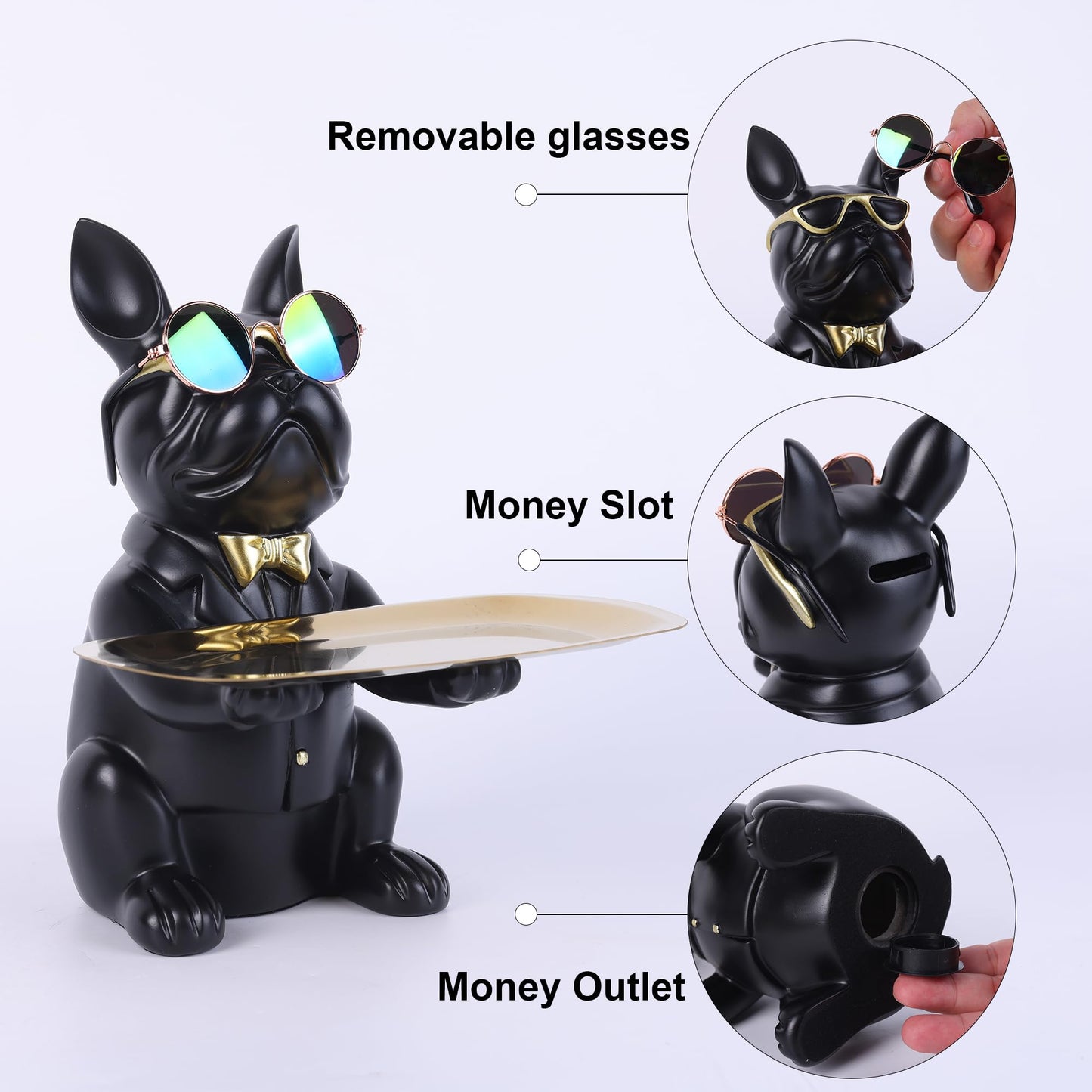 suruim French Bulldog Gifts Key Holder Candy Dish Tray Home Decor Resin Butler Statue Key Bowl Entryway Table Frenchie Dog Sculpture Dining Table Decor Office Small Object Tray (Black)