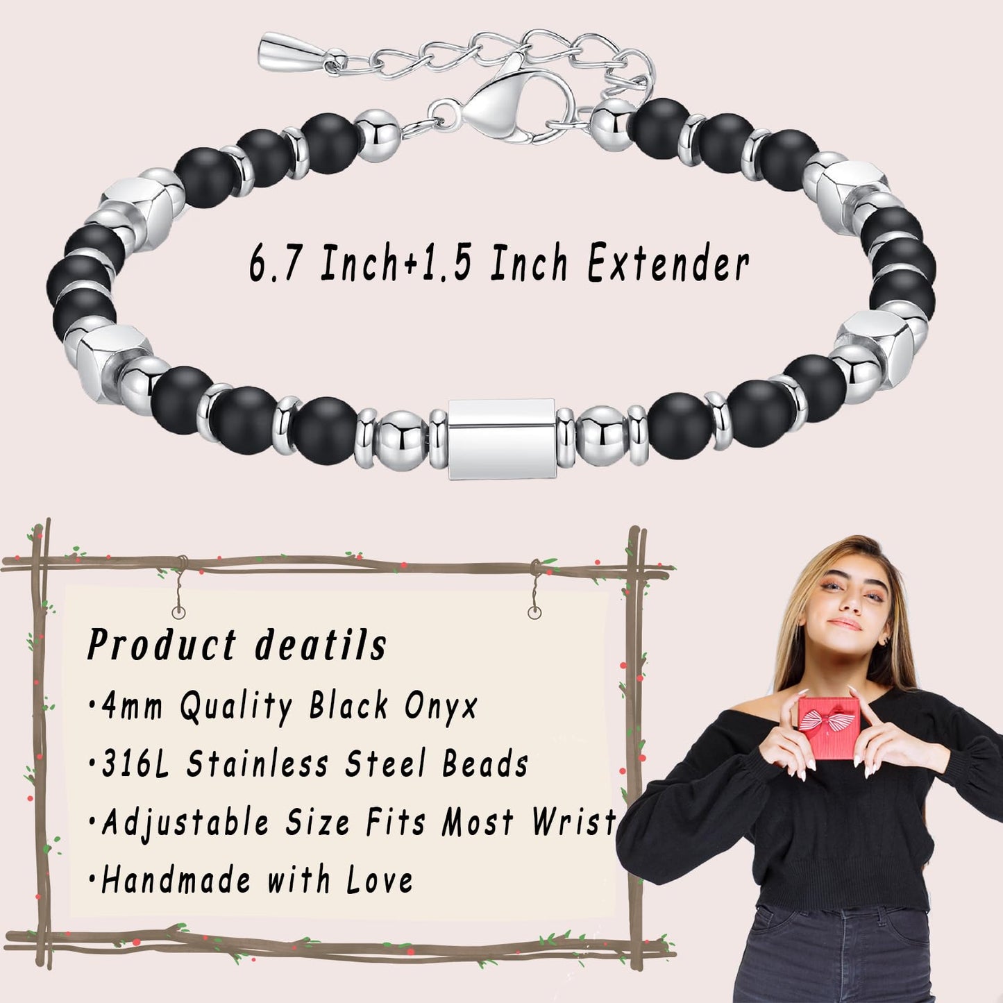 Wisedawn Black Onyx Beaded Bracelet for Women, Easter Basket Stuffers Essentials for Teens Girl Kid, Easter Gift for Women, Cystals Healing Stone Silver Tennis Friendship Beaded Bracelet