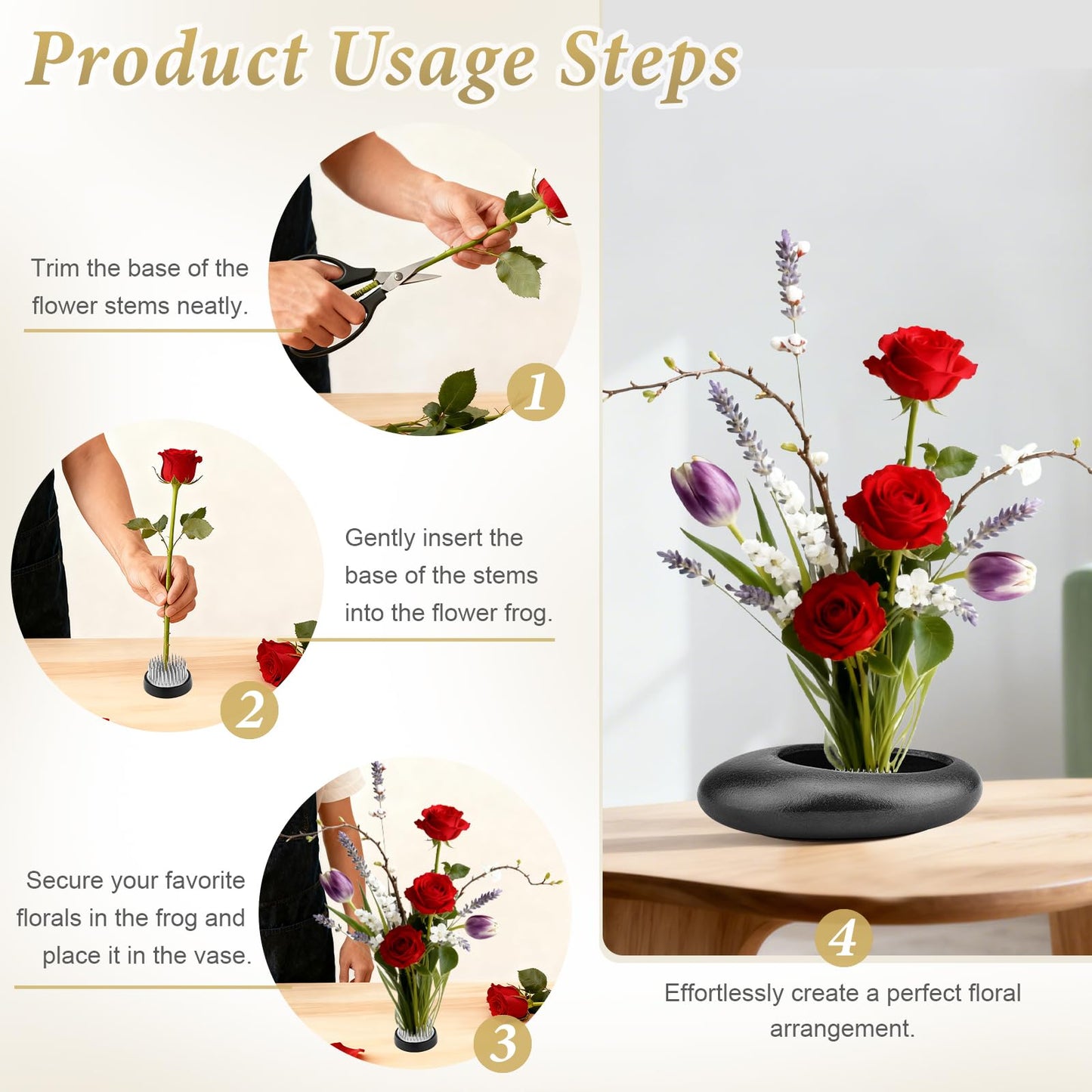 Vhxmaizxn Flower Frog Vase Kit Ikebana Vase with 1.57 Inch Kenzan Japanese Black Ceramic Pebble Shaped Bowl for Flower Arrangement Tool DIY Table Centerpiece Home Decor