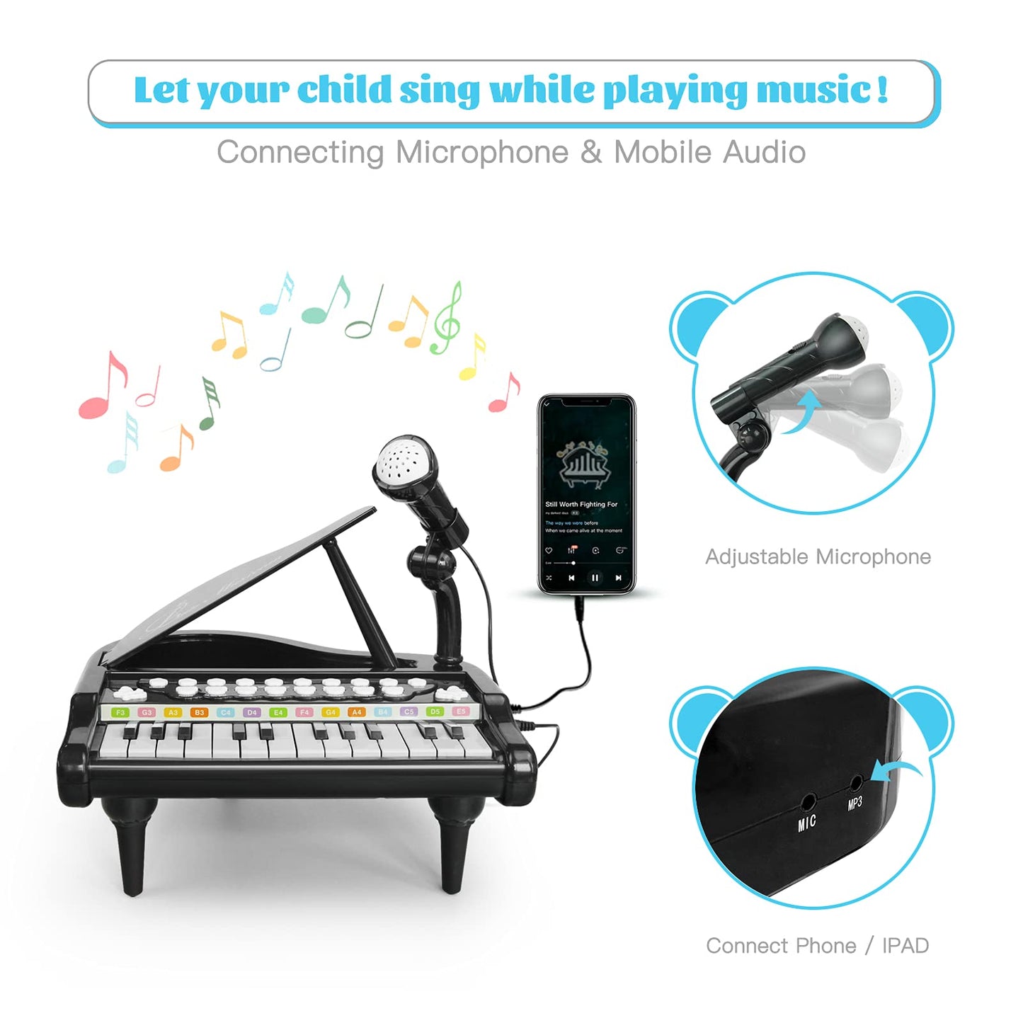 24 Keys Black Piano Toy and Steering Wheel Toy for Baby