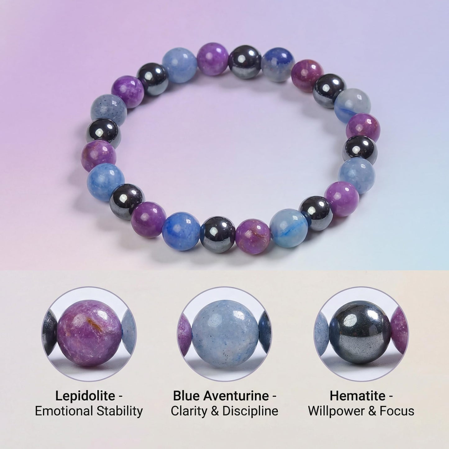 Bivei Quit Alcohol Bracelet, Strength Crystal Healing Bracelet 8MM with Lepidolite & Blue Aventurine & Hematite - Spiritual Stretch Beaded Jewelry for Women Men Gift