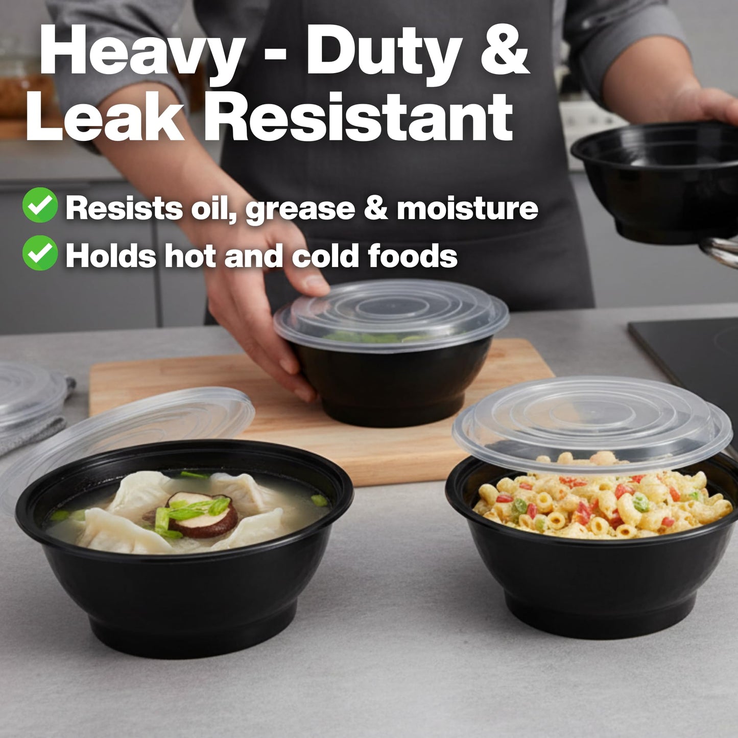ProTakeOut, 36 oz, 20 Sets, Black Microwaveable Noodle Bowls with Lids Durable, Reusable & Leak-Resistant Food Containers | Microwave & Freezer Safe