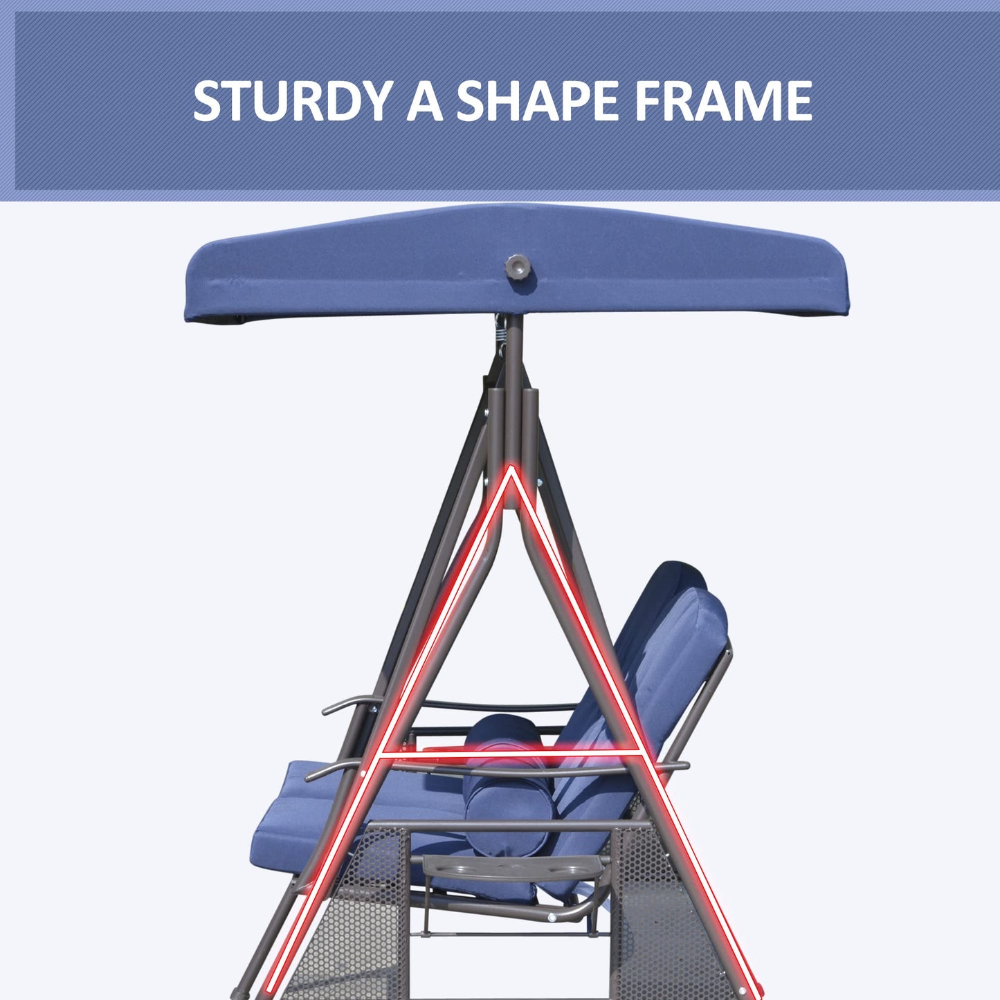 Outsunny 2-Person Patio Swing Bench with Adjustable Shade Canopy, Soft Cushions, Throw Pillows and Tray, Dark Blue