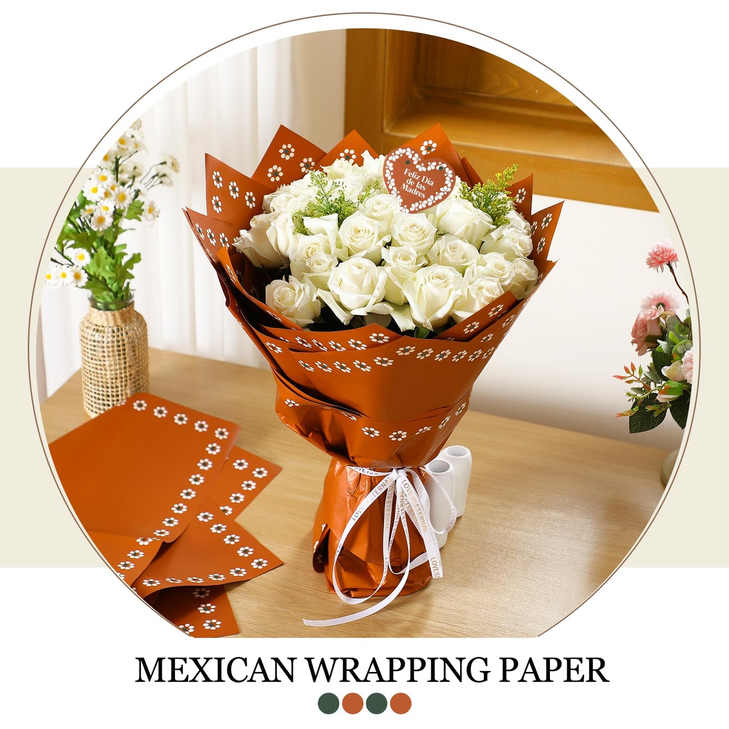 Fullhawl 20 Sheet Mexican Flower Wrapping Paper and 10 Pcs Feliz Dia De La Madre Cake Toppers Waterproof De Barro Brown White Floral Bouquet Wrap for DIY Gift Packaging Florist Supplies